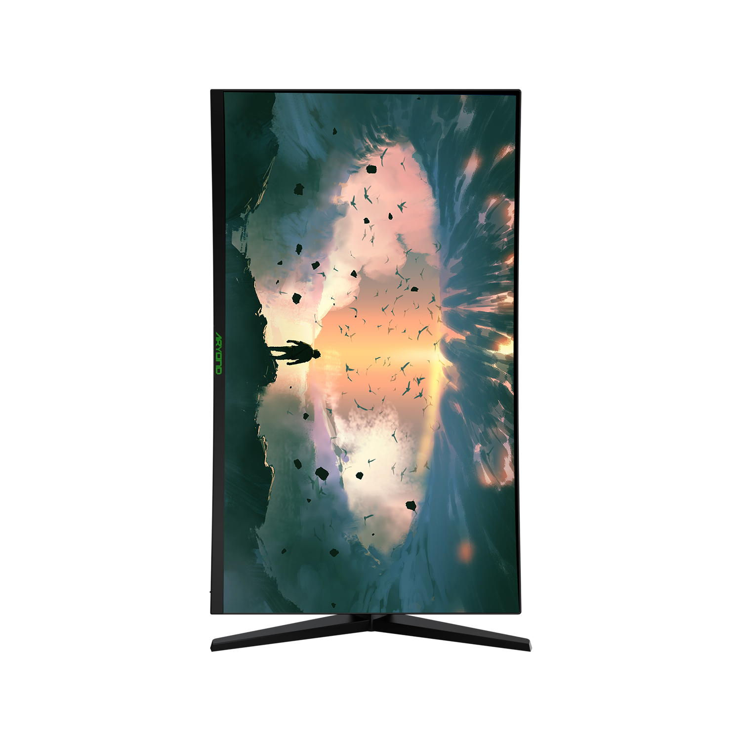 Monitor wyświetlający obraz krajobrazu. Czarna ramka i podstawka. Czarne tło.