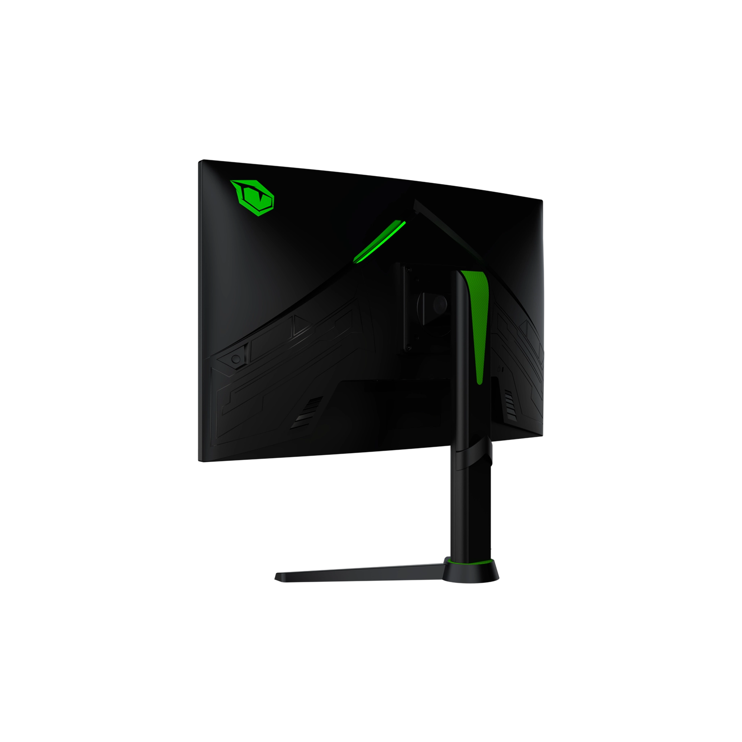 Widok z tyłu czarnego monitora do gier z zielonymi akcentami.