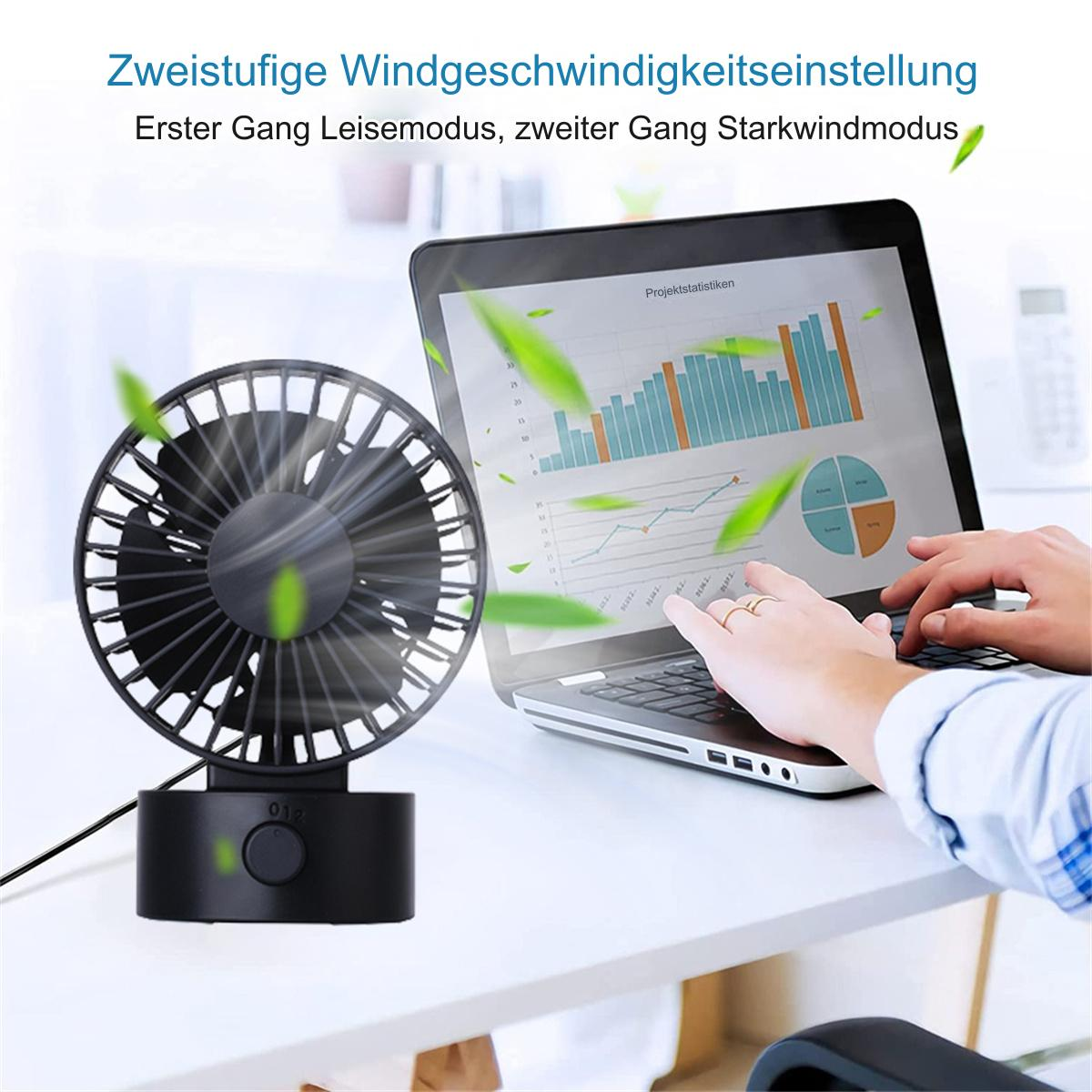 Kleiner schwarzer Ventilator mit einem Laptop, der eine Grafik anzeigt. Weißer Hintergrund.