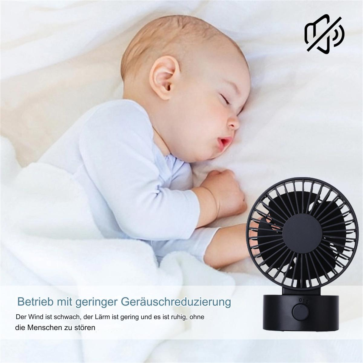 Ein schlafendes Baby neben einem kleinen schwarzen Ventilator. Der Ventilator hat ein einfaches Design.