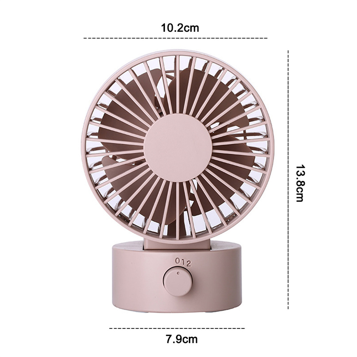 Ein rosa Ventilator mit rundem Kopf und Sockel. Der Ventilator befindet sich auf weißem Hintergrund.