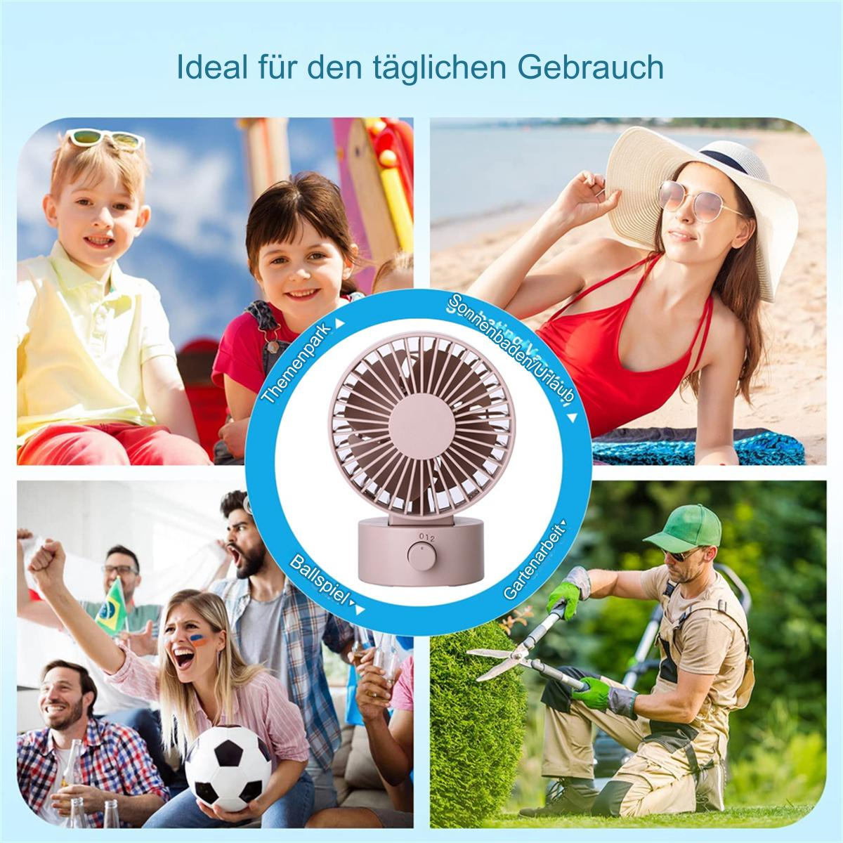 Collage von Bildern, die einen Ventilator in verschiedenen Kontexten zeigen: mit Kindern, einer Frau, Sportfans und einem Gärtner.