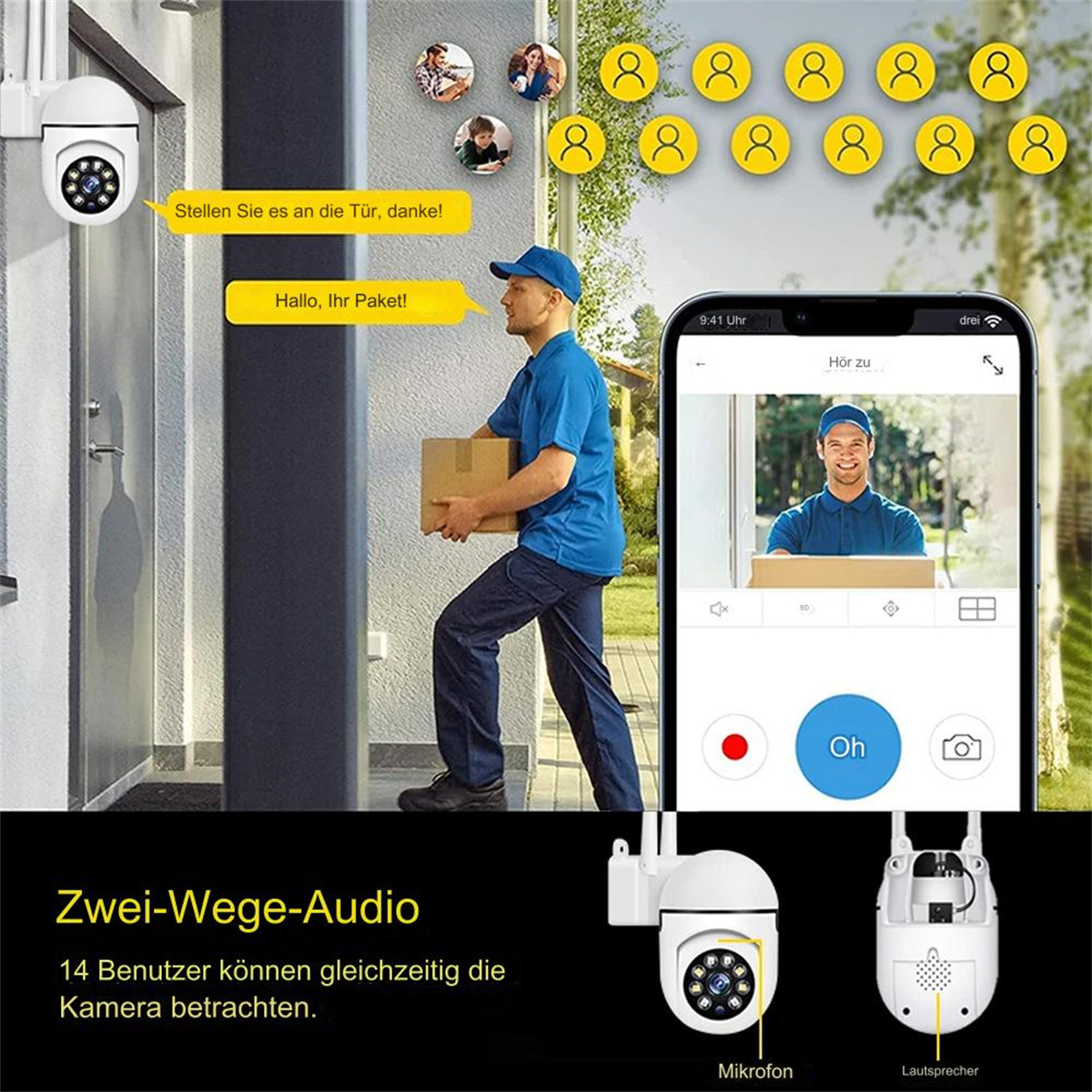 Person in Blau liefert Paket. Sicherheitskamera und Telefon gezeigt. Textblasen auf Deutsch.