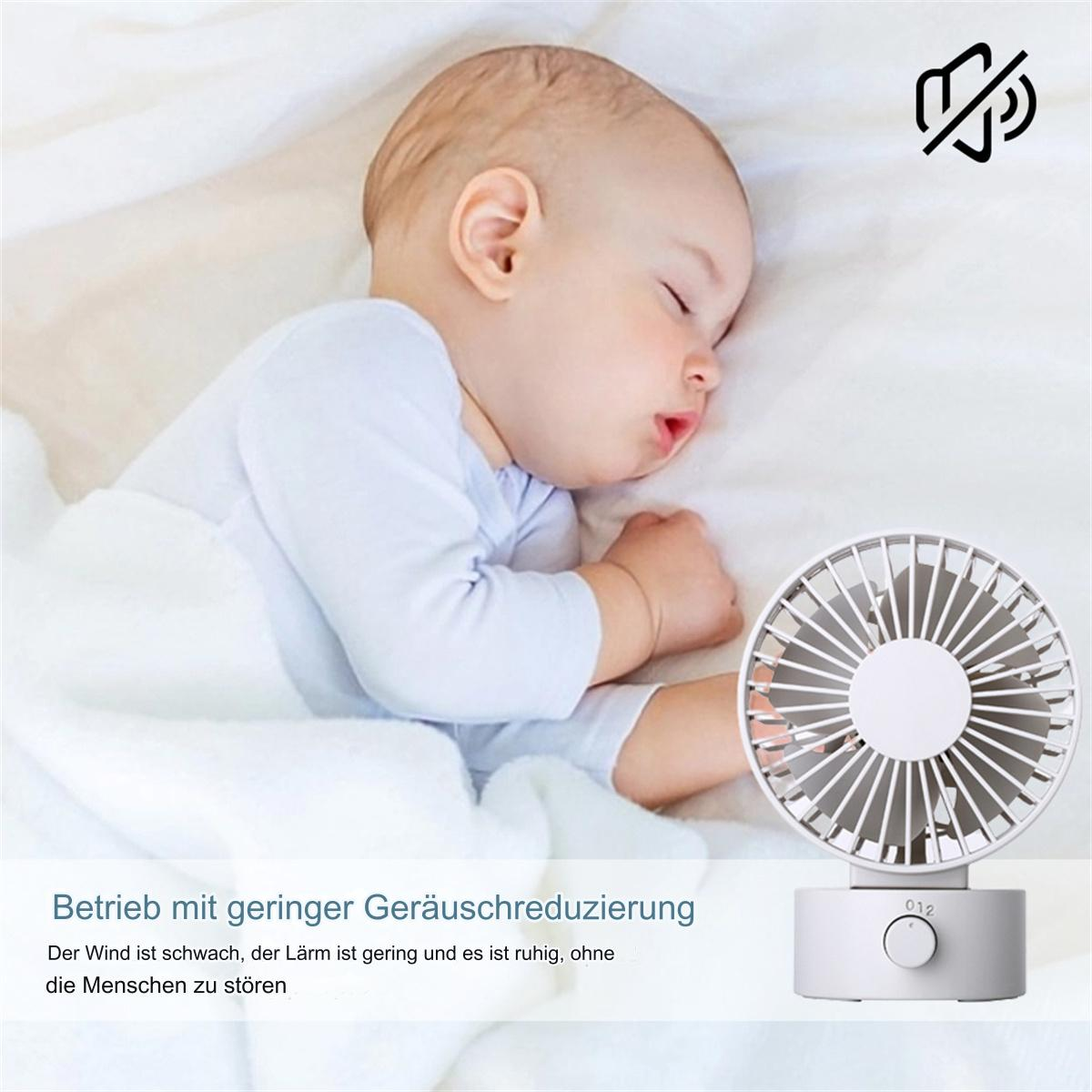 Ein schlafendes Baby neben einem kleinen weißen Ventilator, mit Text, der die Ruhe des Ventilators beschreibt.