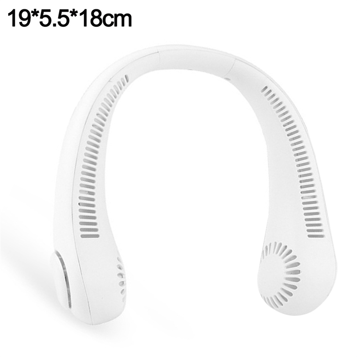 Weißer Nackenventilator mit geschwungenem Design. Er hat Luftschlitze und eine glatte Oberfläche. Abmessungen angegeben.