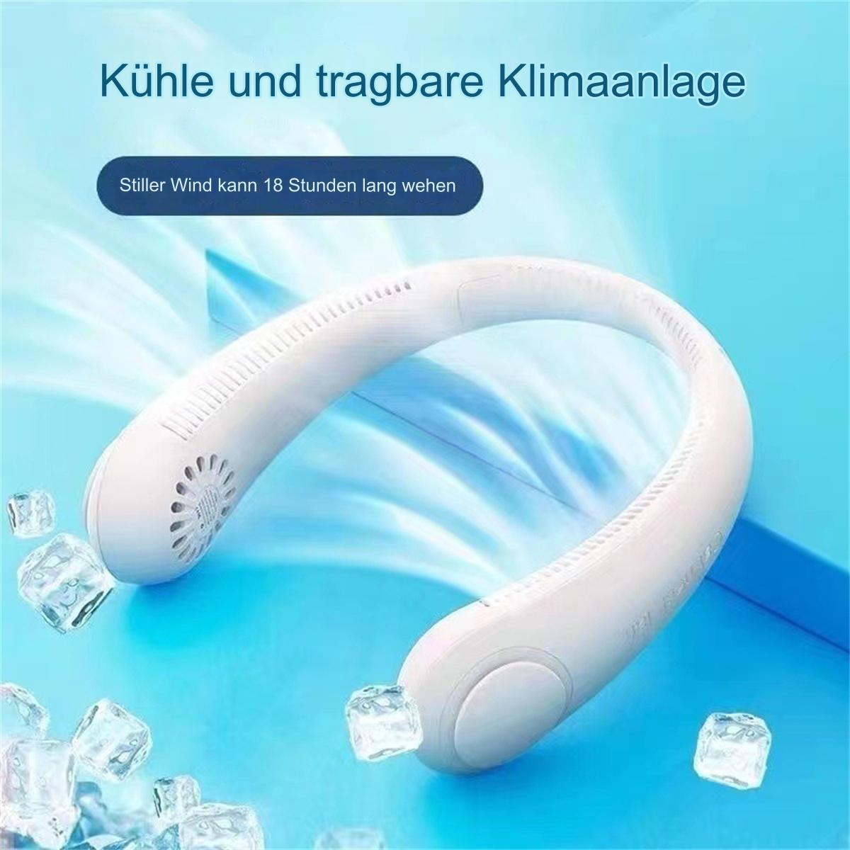 Weißer Nackenventilator mit Eiswürfeln, Text: 'Kühle und tragbare Klimaanlage'.