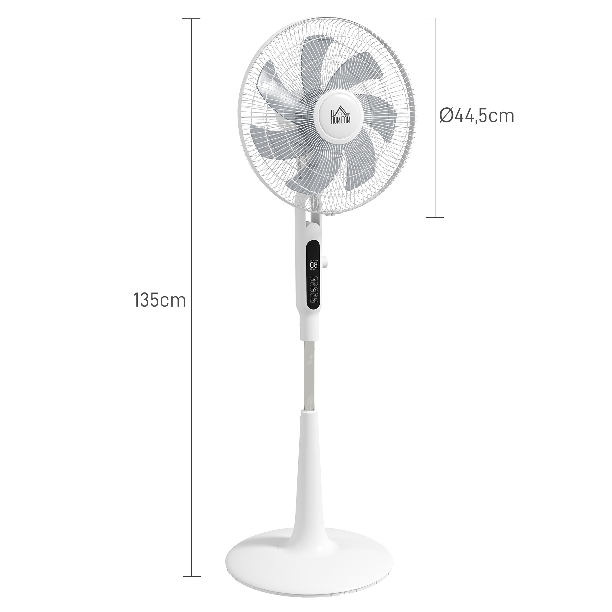 Ventilador de pie blanco con pantalla digital. Mide 135 cm de altura.