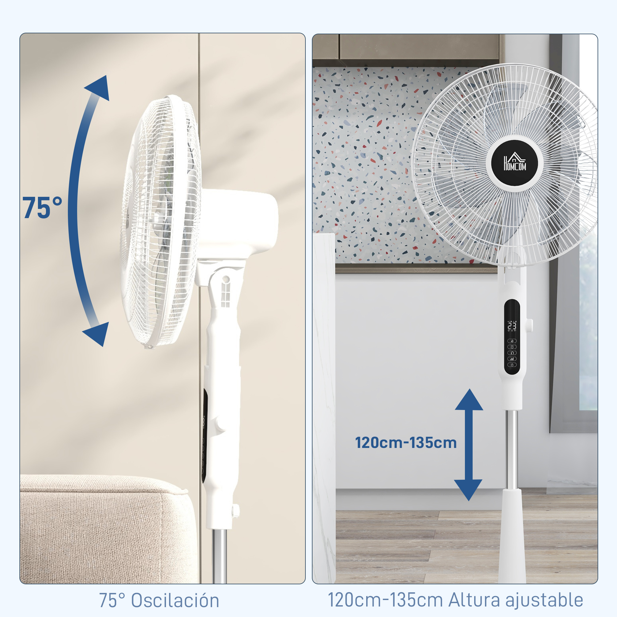 Ventilador blanco con altura ajustable y oscilación. Textos: 75° oscilación, 120-135cm altura ajustable.