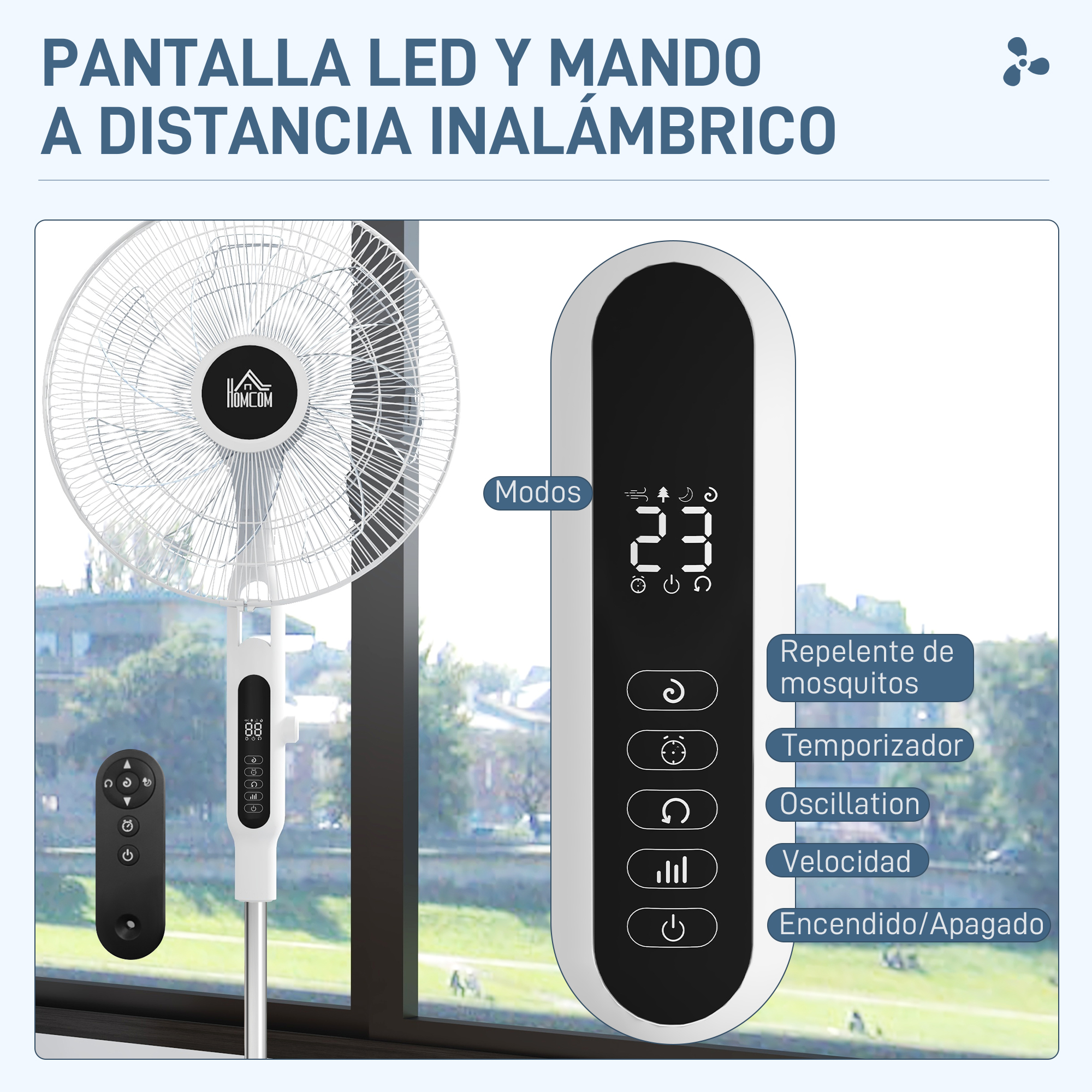 Un ventilador blanco con un mando a distancia. Tiene una pantalla digital y un panel de control, texto en español.