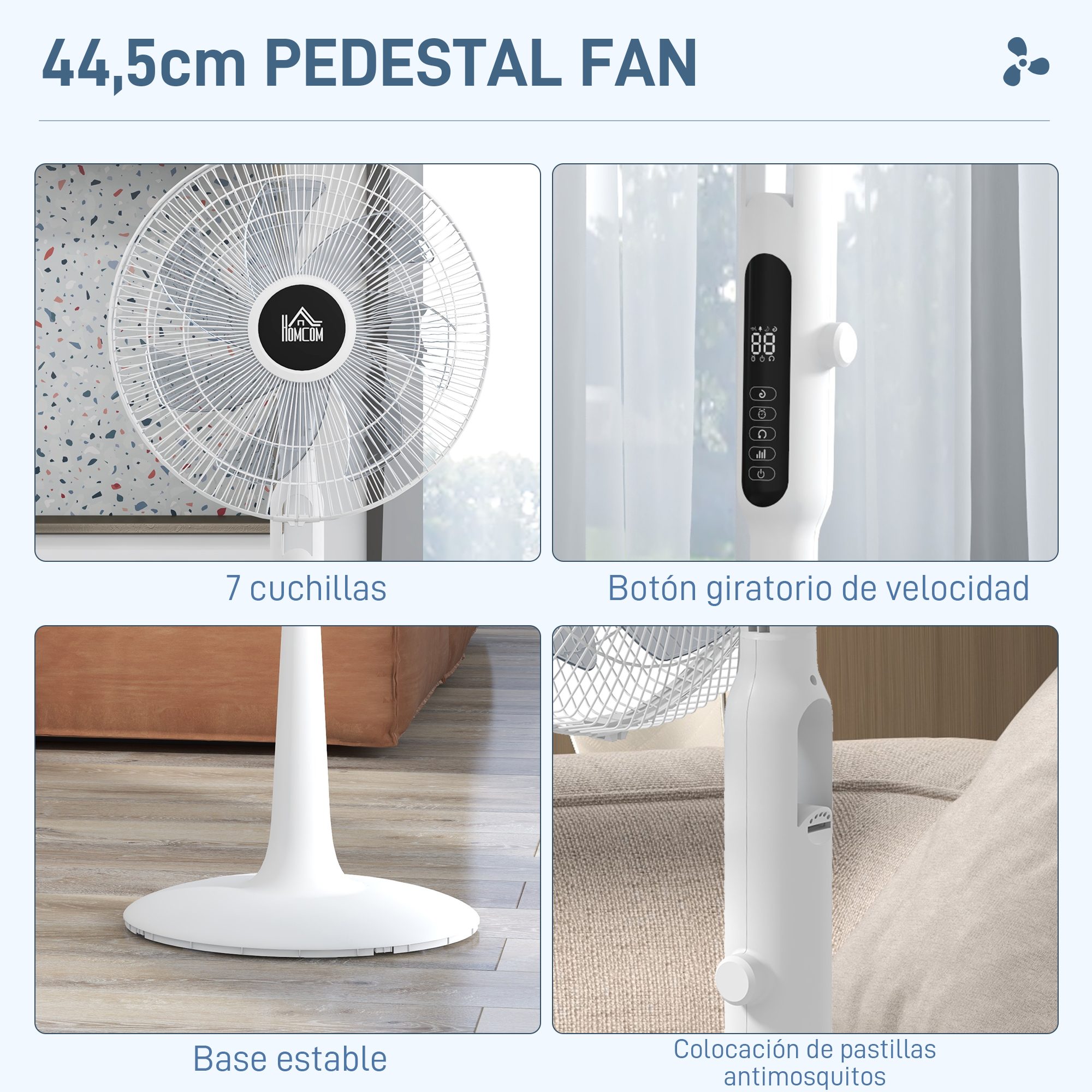 Ventilador de pedestal con detalles, color blanco, con texto en español.