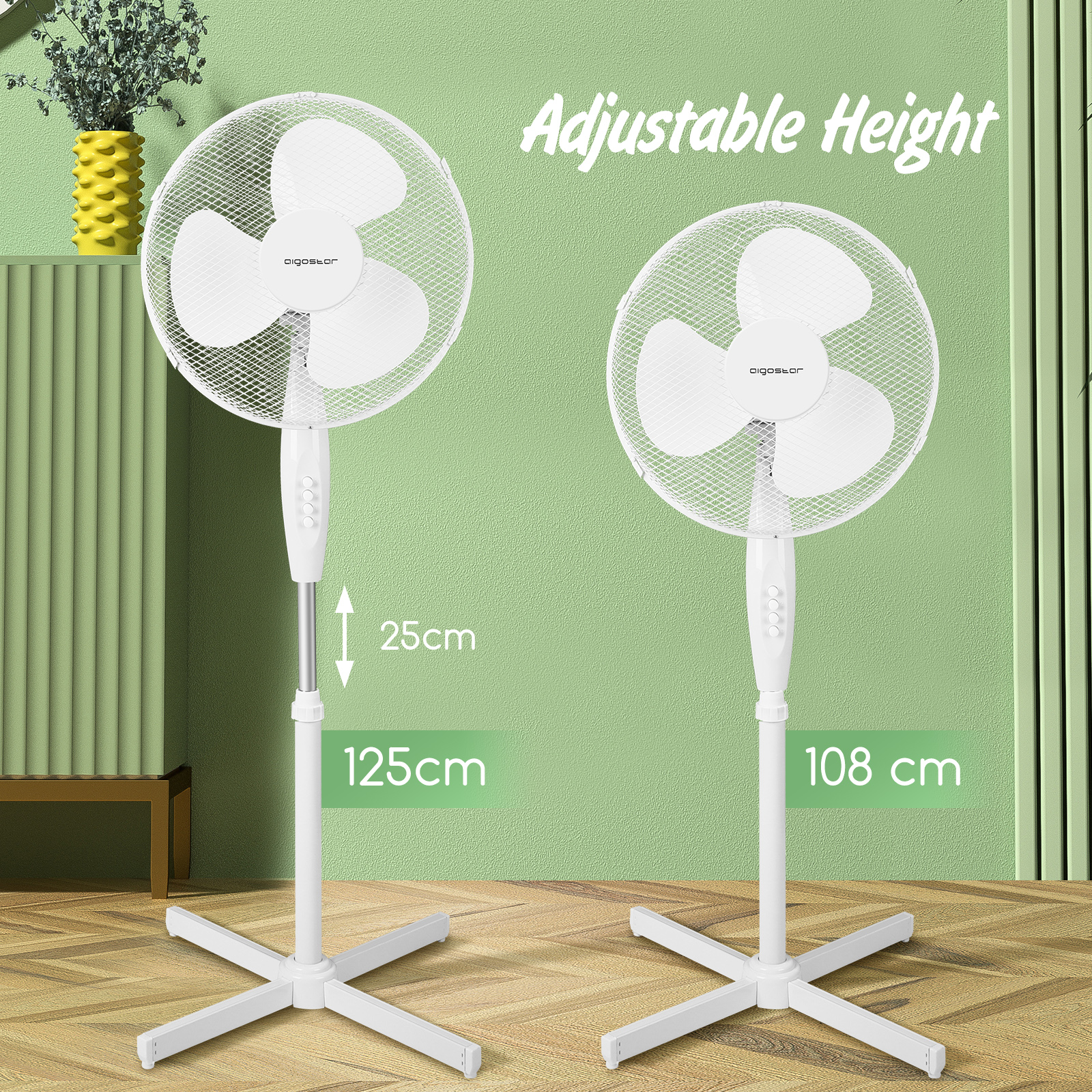 Due ventilatori bianchi ad altezza regolabile, testo su sfondo verde.
