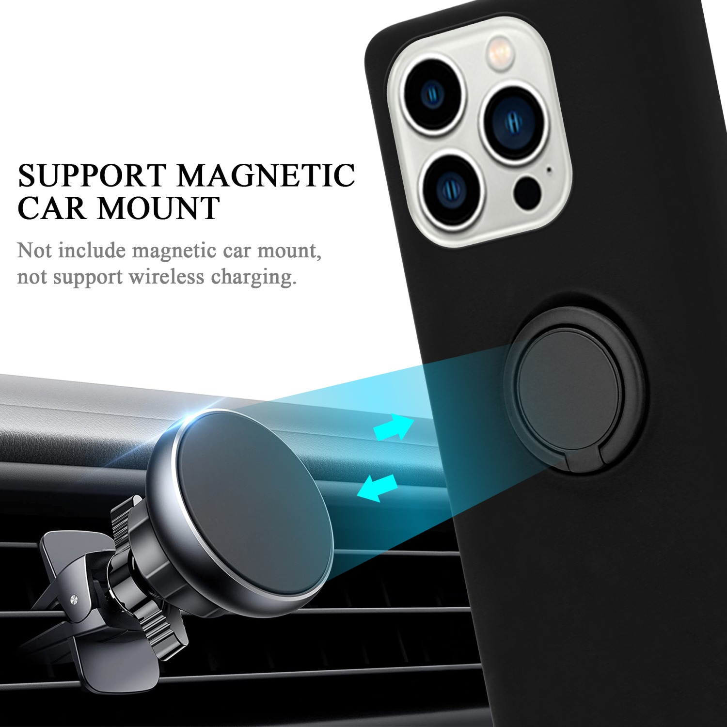 Schwarze Handyhülle mit magnetischer Autohalterung. Pfeile zeigen die Befestigung.