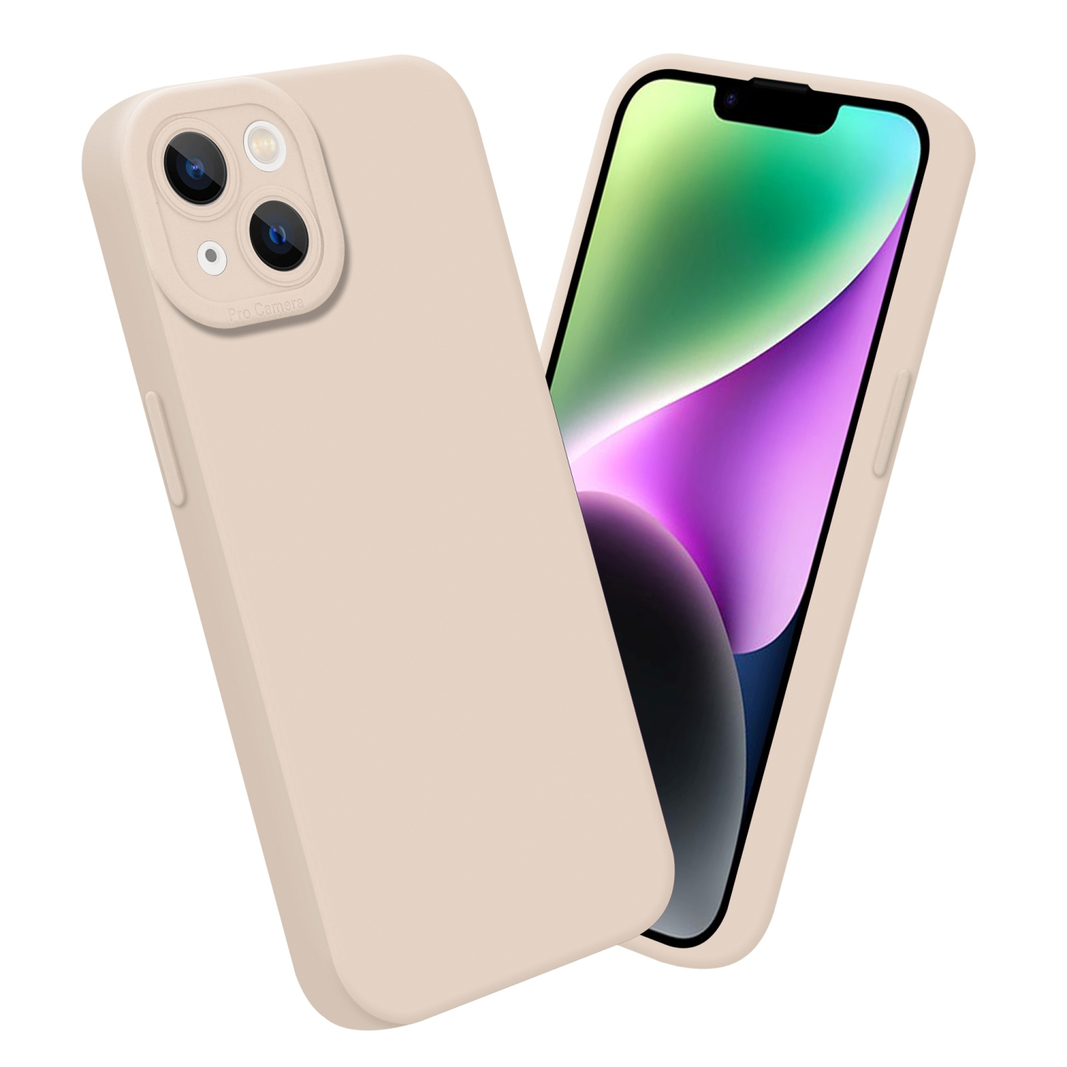 Custodia beige per telefono con un telefono all'interno. La custodia è su sfondo bianco. Il telefono è visibile.