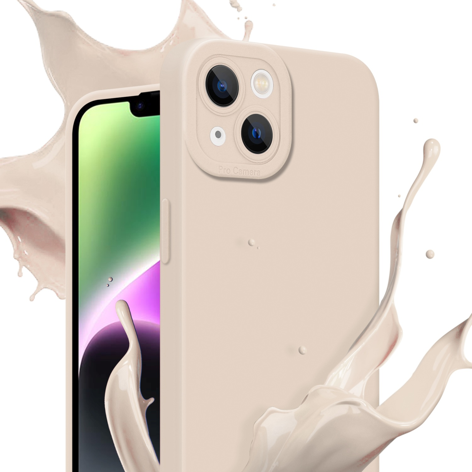 Custodia beige per telefono con telefono all'interno. Schizzo di liquido chiaro attorno al telefono e alla custodia.