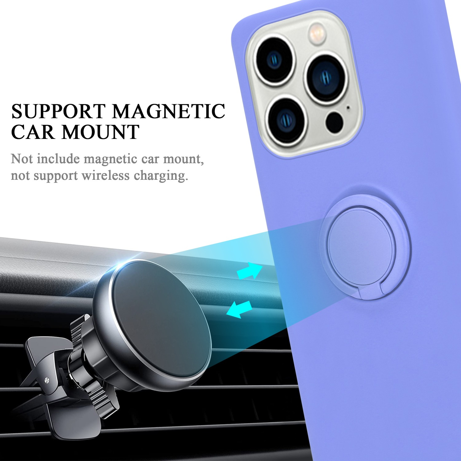 Eine Handyhülle und eine magnetische Autohalterung. Die Hülle ist lila, die Halterung ist silber.