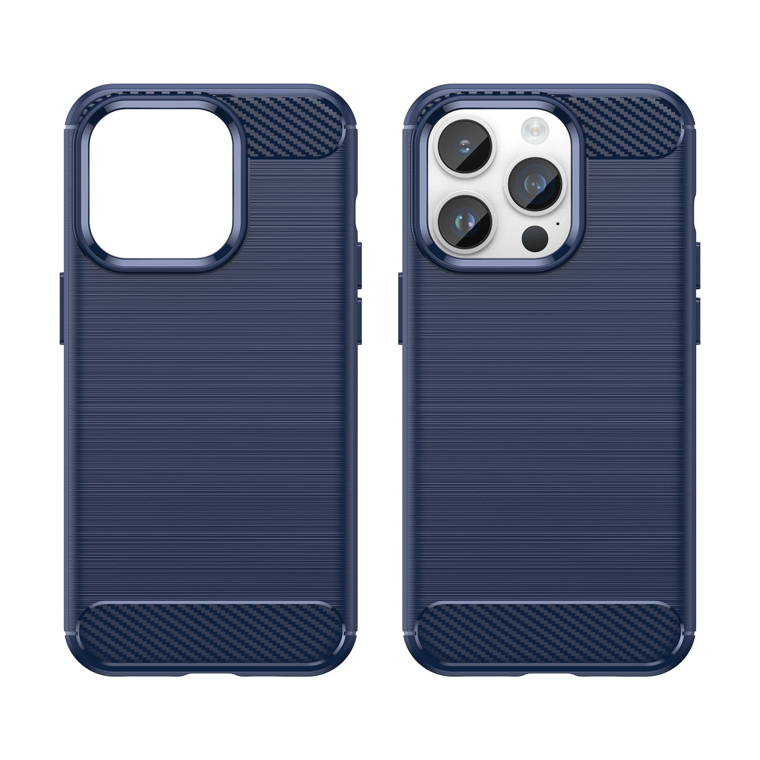 Zwei Handyhüllen. Blau mit Kohlefaser-Akzenten. Weißer Hintergrund.