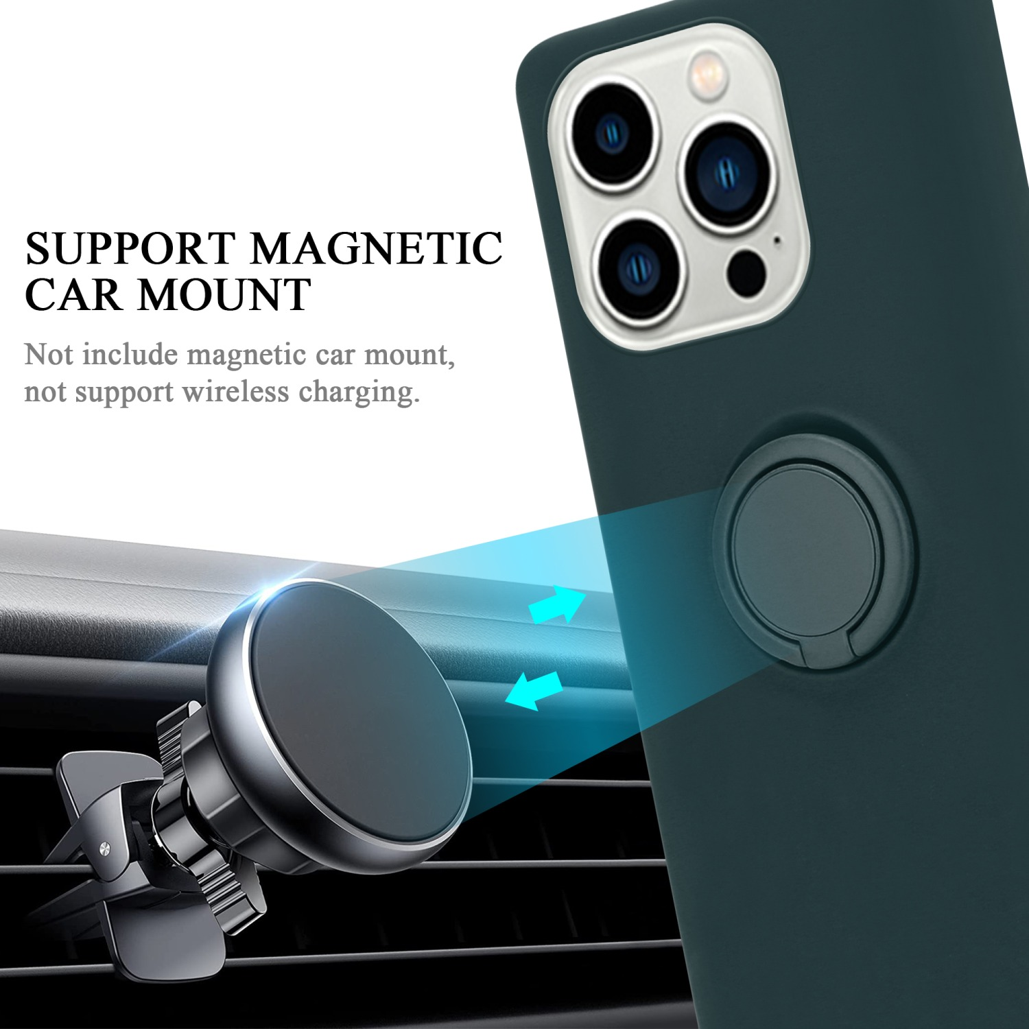 Handyhülle mit Ring, befestigt an einer Lüftung im Auto. Unterstützt magnetische Autohalterung.