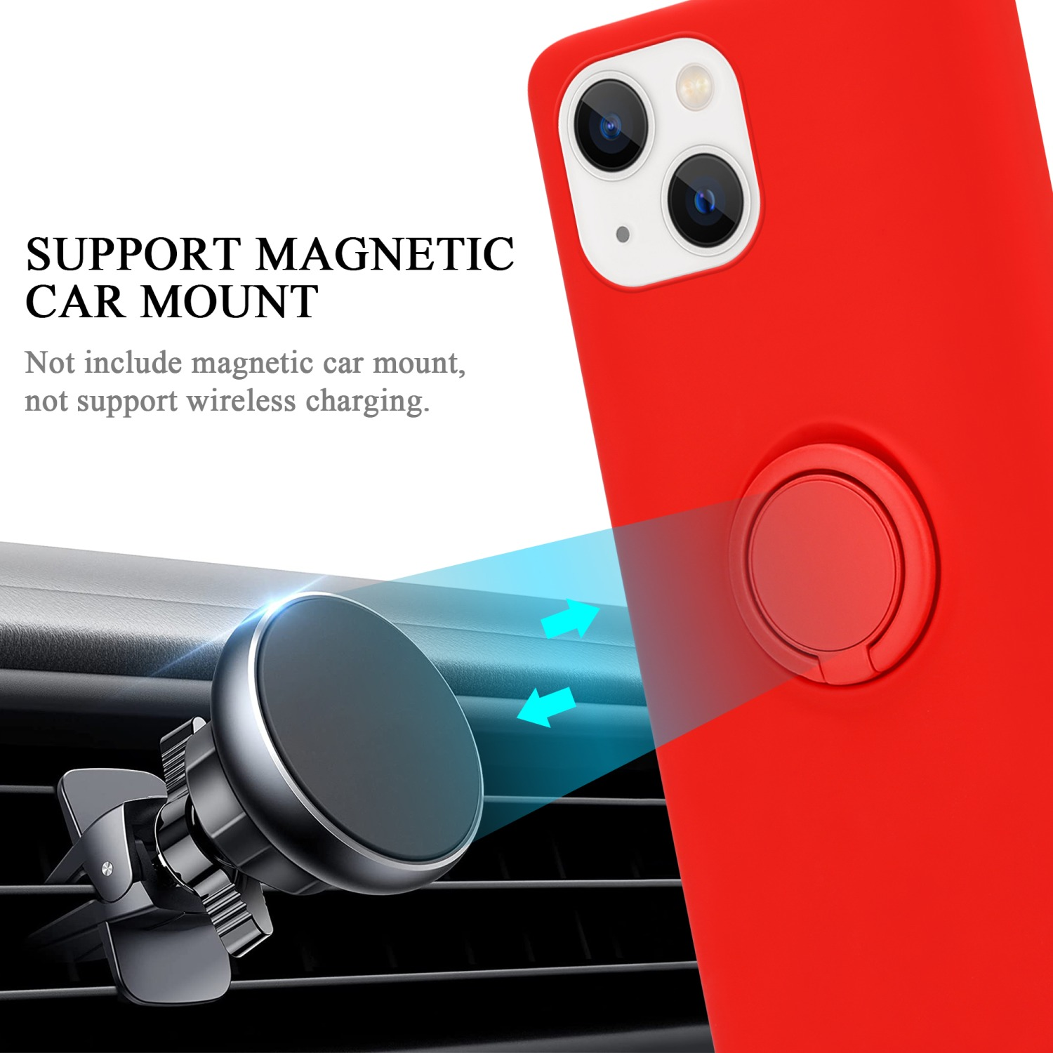 Rote Handyhülle mit Magnetring, an einer Lüftung befestigt. Pfeile zeigen Magnetkraft.