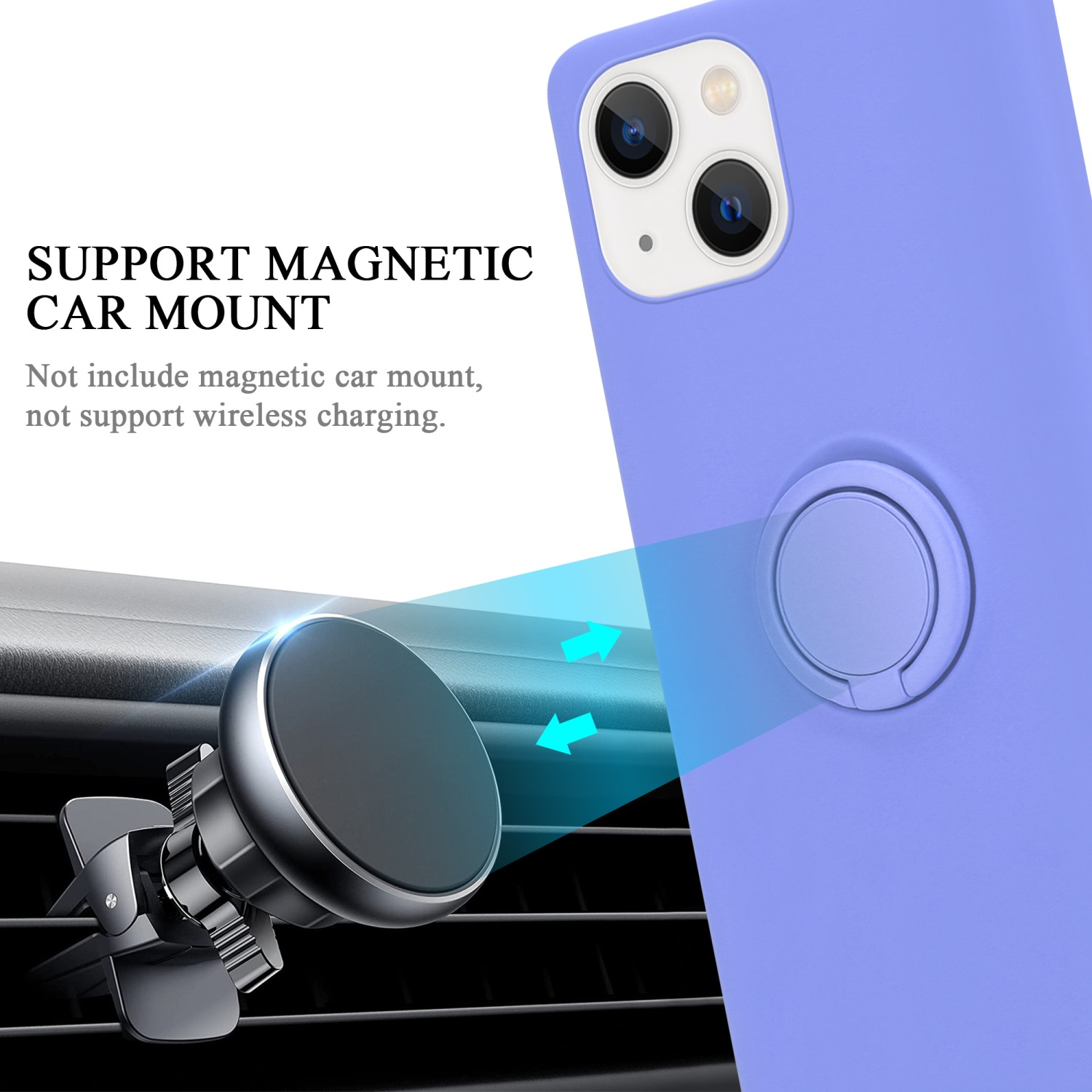 Ein Telefon in einer lila Hülle an einer magnetischen Autohalterung befestigt. Die Hülle hat einen Ring.