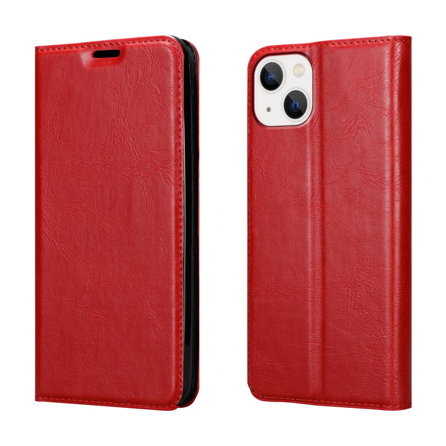 Rote Leder-Handyhülle. Zwei Ansichten, geschlossen und offen, zeigen das Telefon.