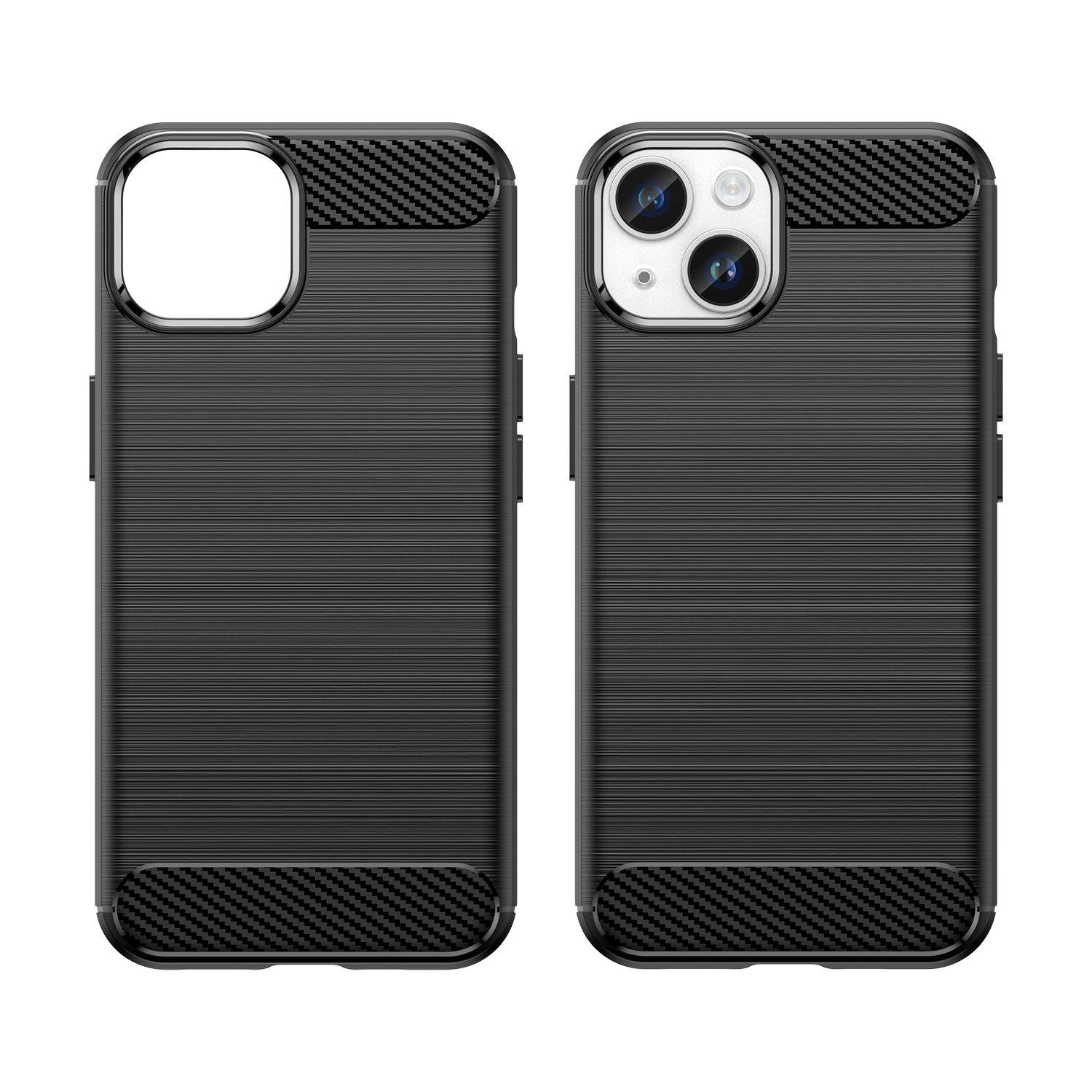 Zwei schwarze Handyhüllen mit strukturiertem Design. Eine zeigt den Kameraausschnitt.