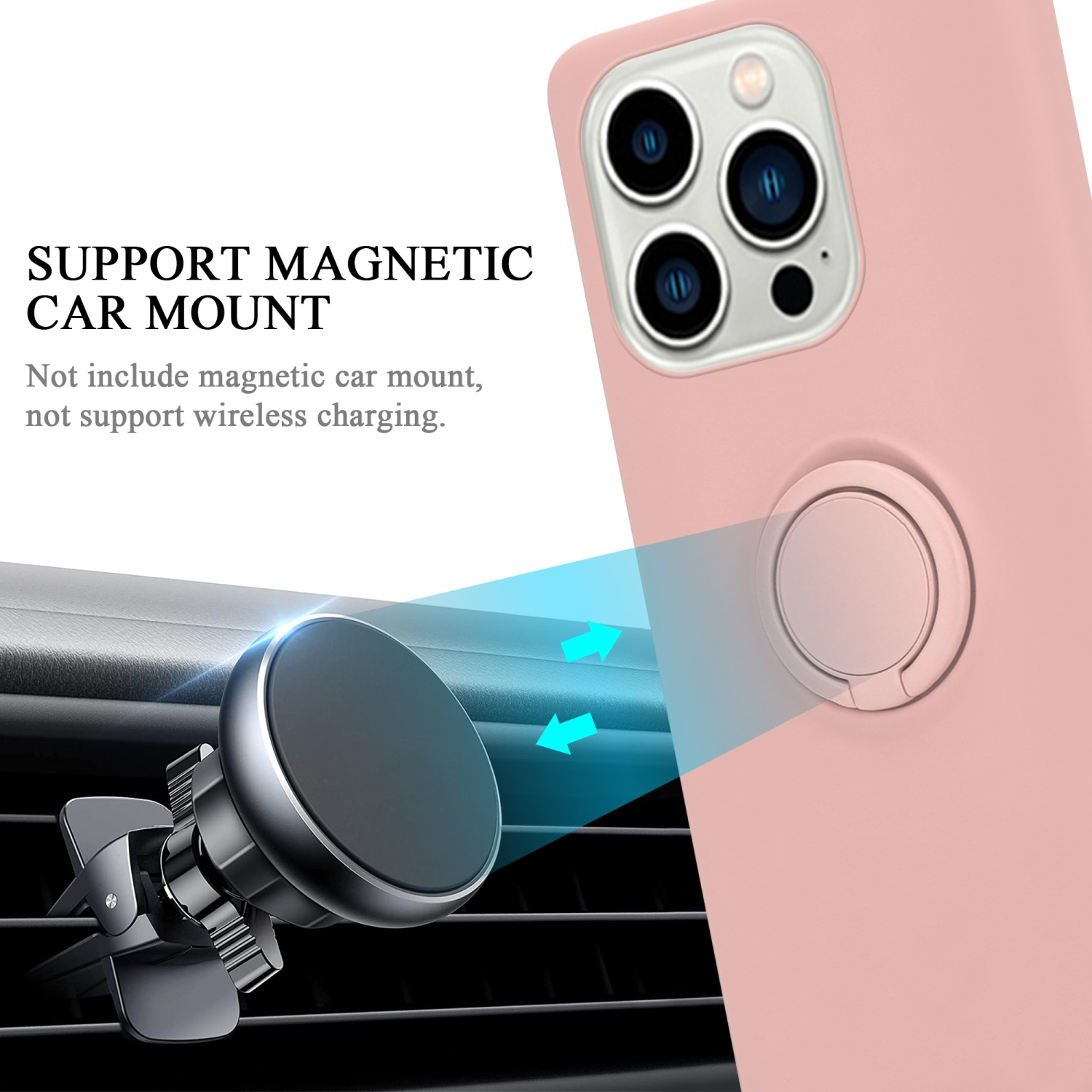 Rosa Handyhülle mit Ringhalter. Text: Magnetische Autohalterung unterstützen. Magnetische Autohalterung im Hintergrund.