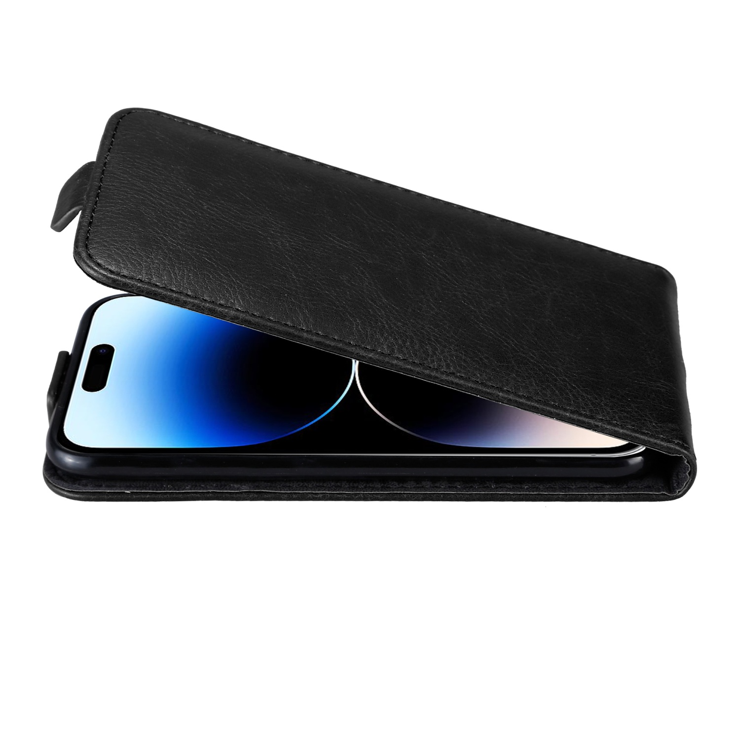 Schwarze Handyhülle mit Telefon, offen, auf Weiß.