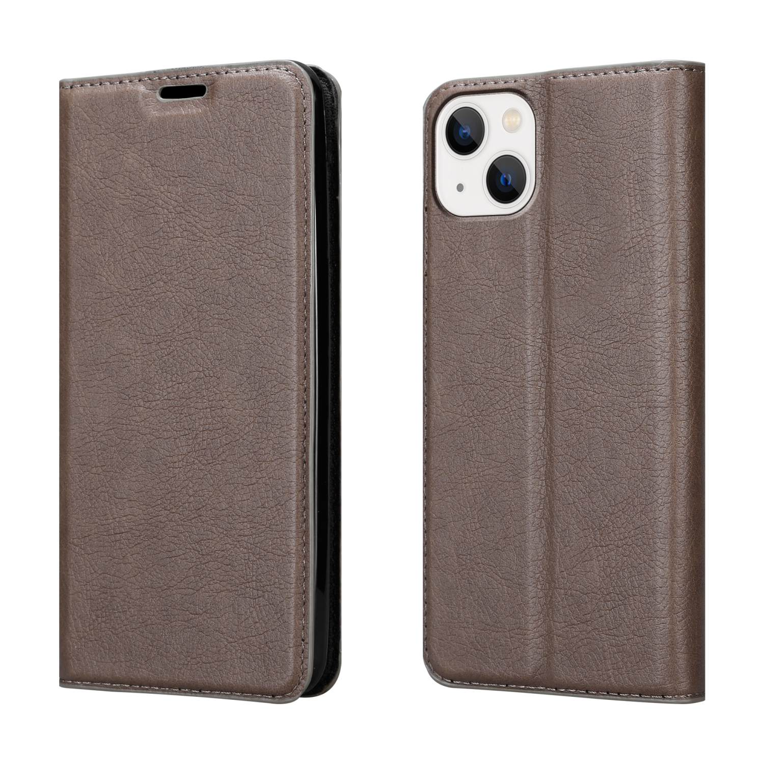 Eine braune Leder-Handyhülle, offen und geschlossen, mit Wallet-Design.