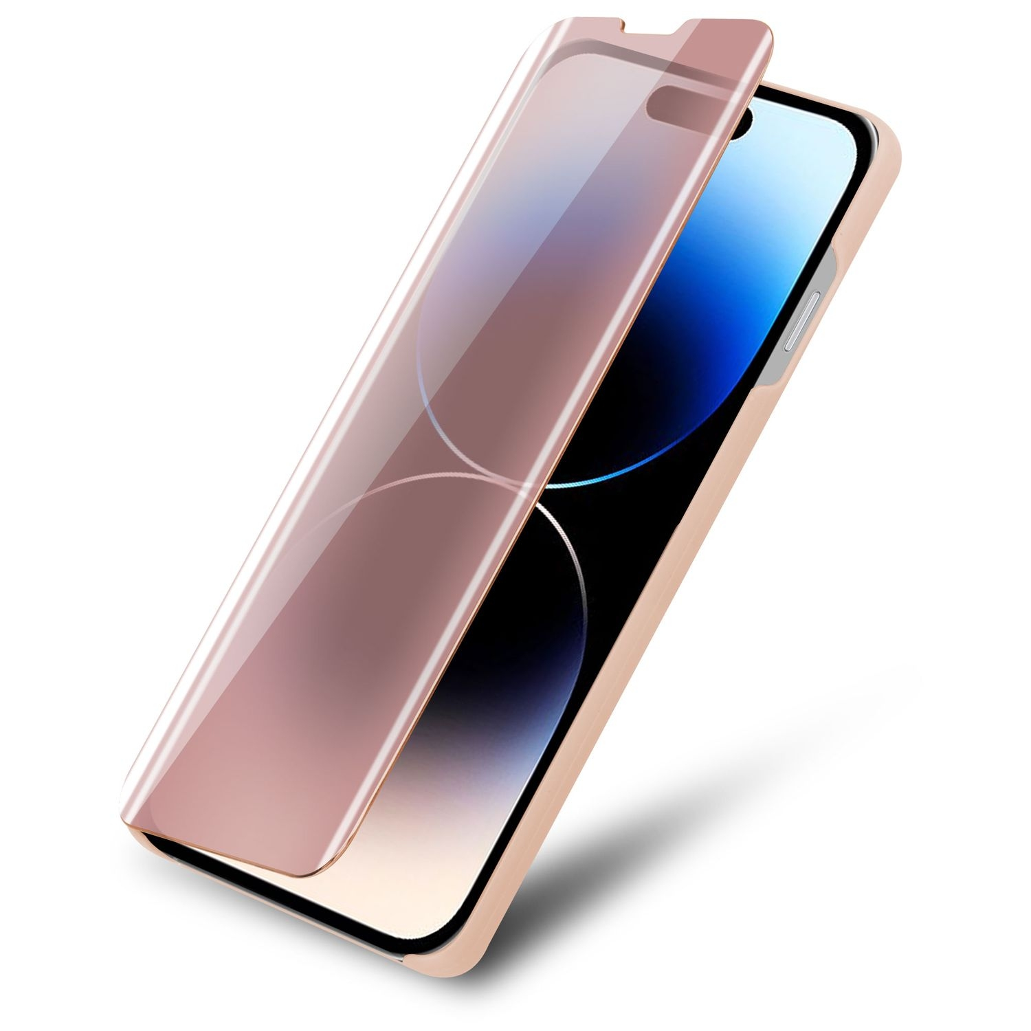 Ein rosafarbenes Telefon mit aufgetragener Displayschutzfolie auf rosa Hintergrund.