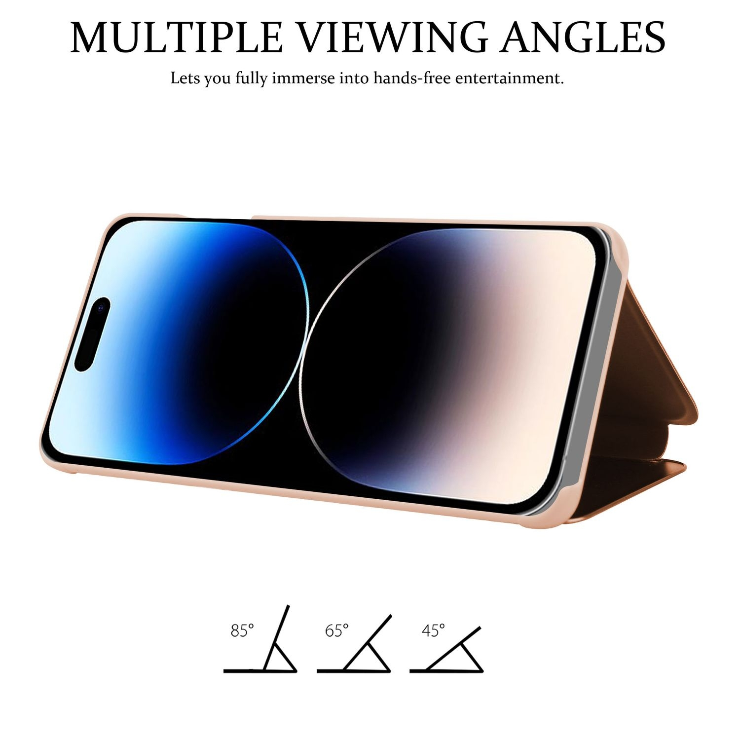 Ein Smartphone in einer Hülle, das verschiedene Betrachtungswinkel und das Design zeigt.