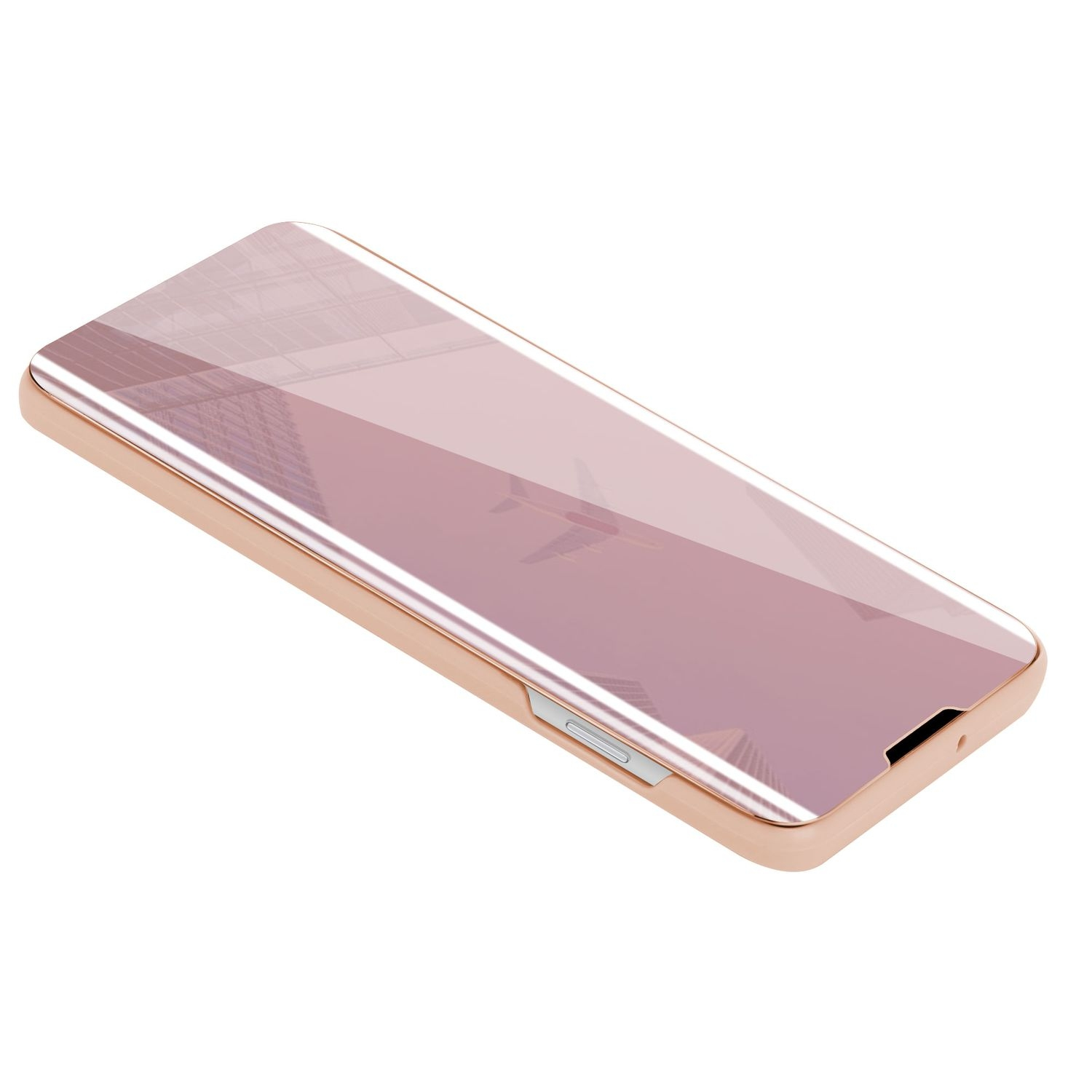 Ein roségoldenes Telefon mit spiegelähnlichem Bildschirm, auf einer weißen Oberfläche.