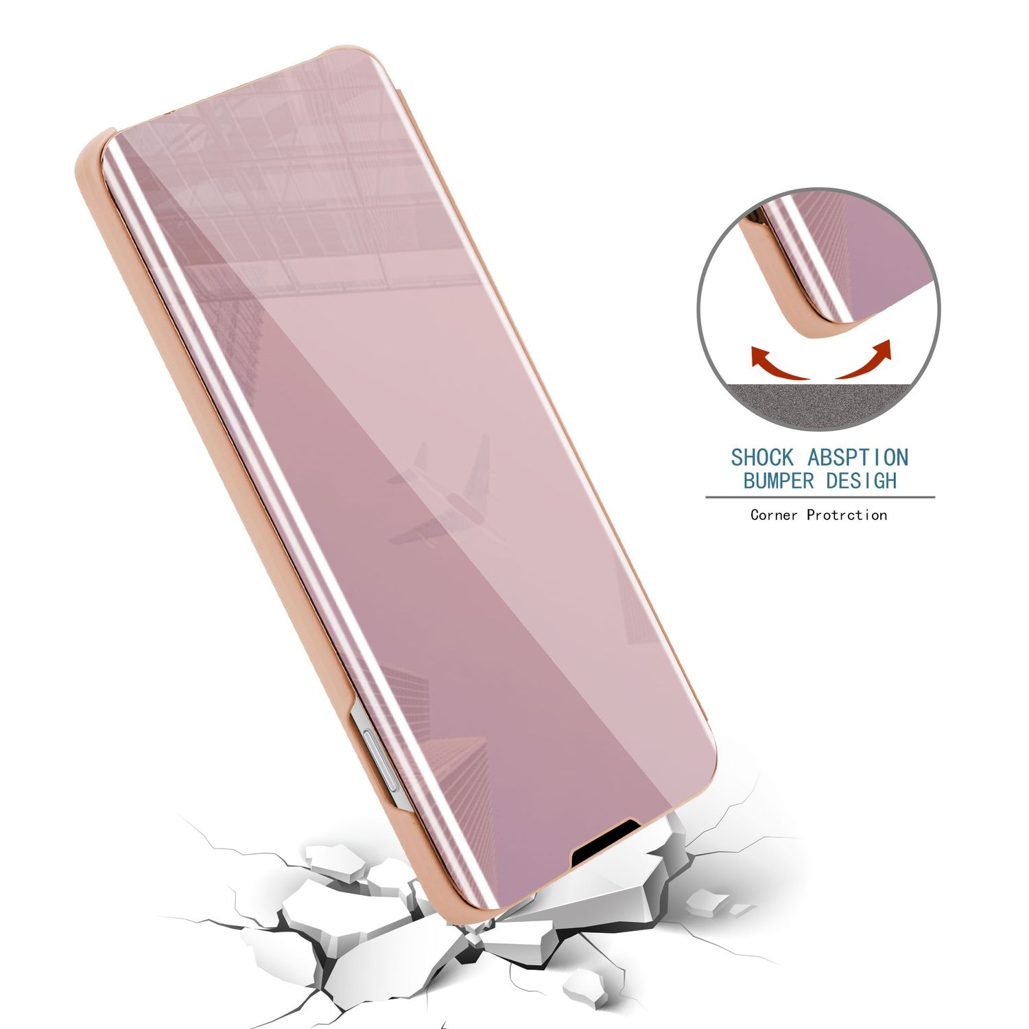 Ein rosa Telefon vor weißem Hintergrund, mit einem Rissbodeneffekt und Text über Eckenschutz.
