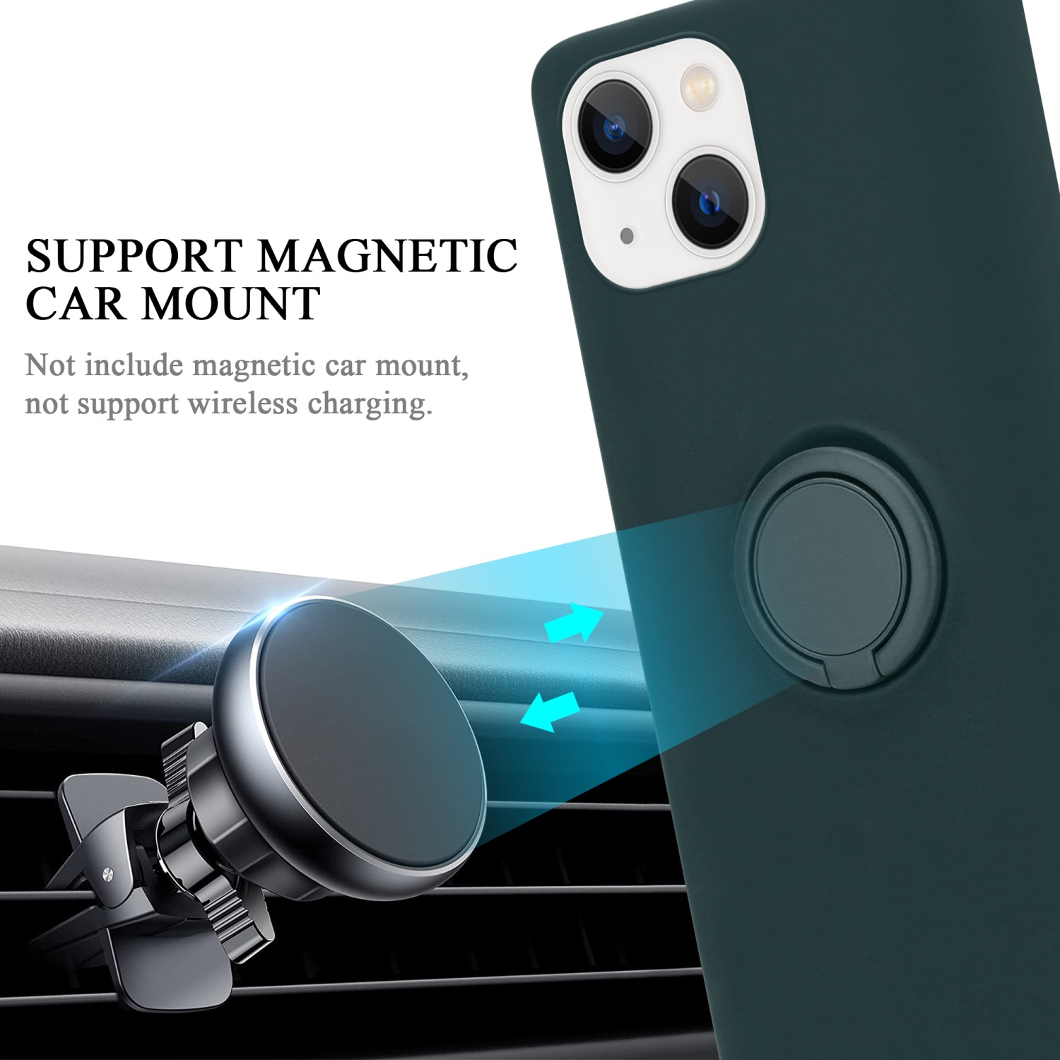 Dunkle Handyhülle mit magnetischer Autohalterung, ein Telefon mit Ringhalterung im Auto.