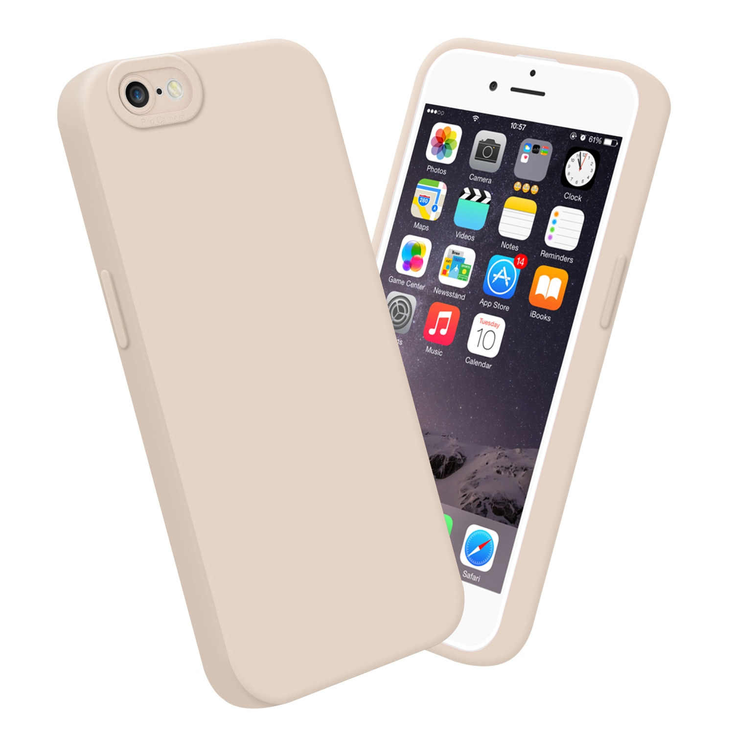 Due custodie beige per telefono, una che copre un telefono. Il telefono mostra una schermata iniziale con icone.