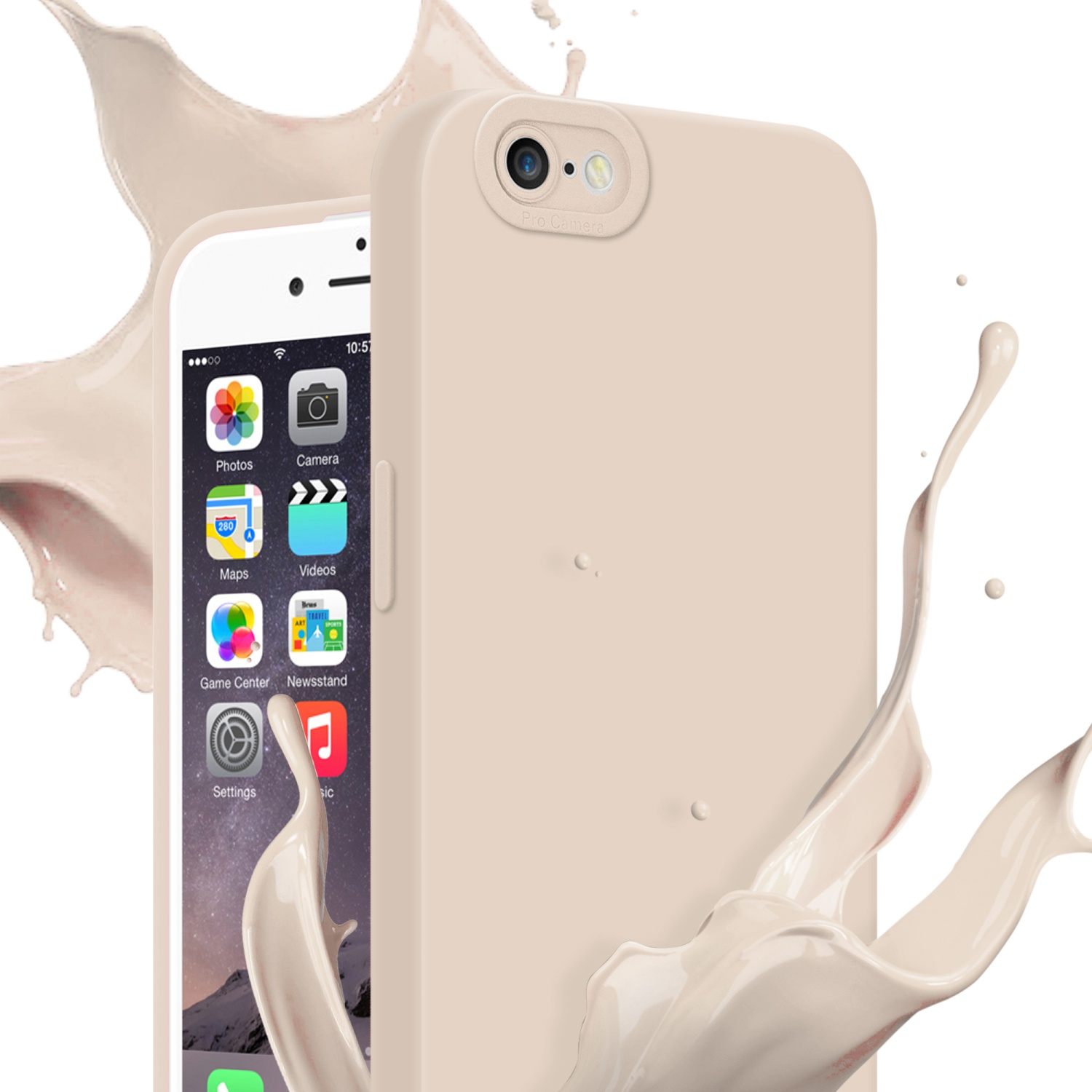 Telefono con custodia, schizzo di liquido. Custodia: beige, adatta al telefono. Schizzo: bianco, che fuoriesce.