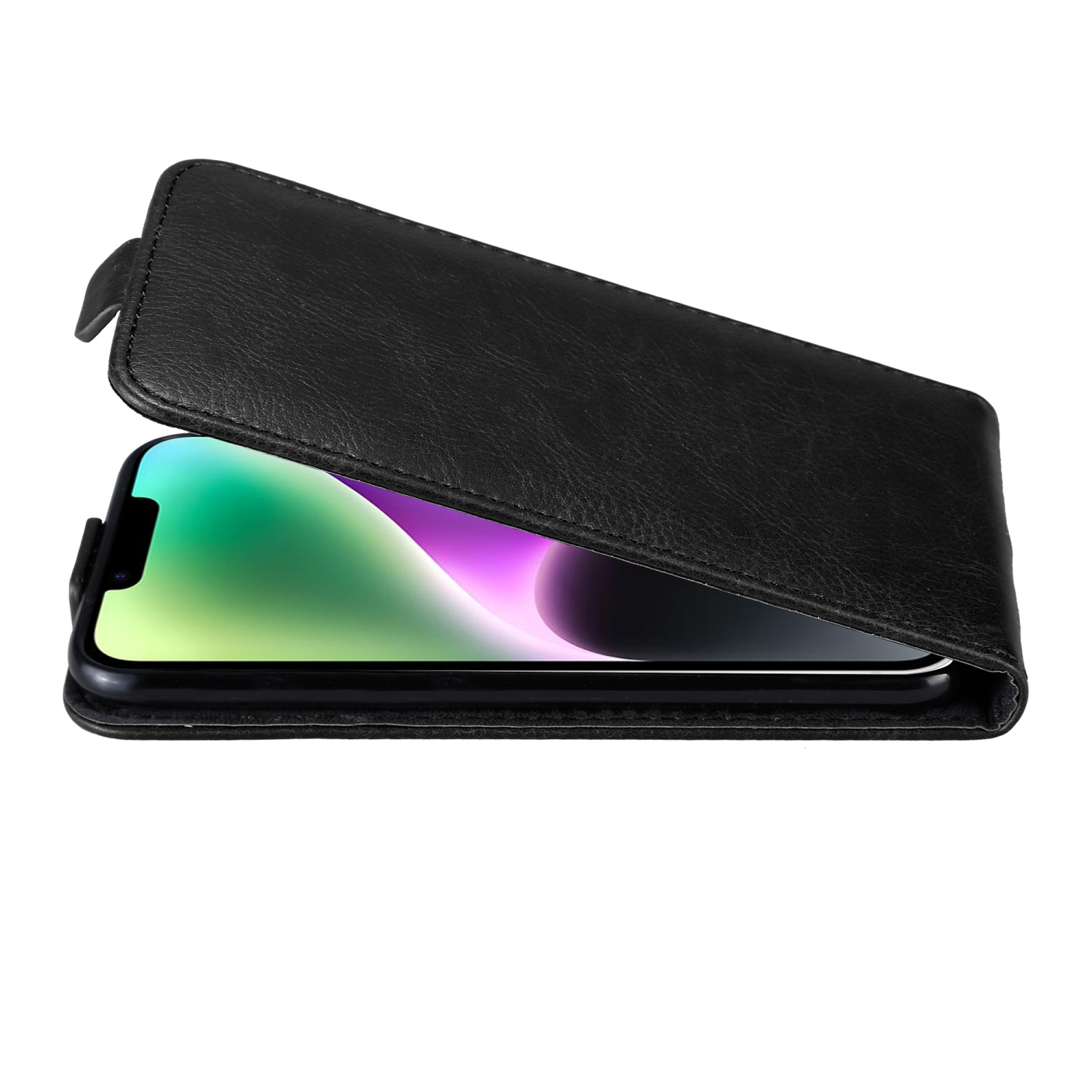 Schwarze Leder-Handyhülle offen, zeigt Telefon mit grün-lila Bildschirm.