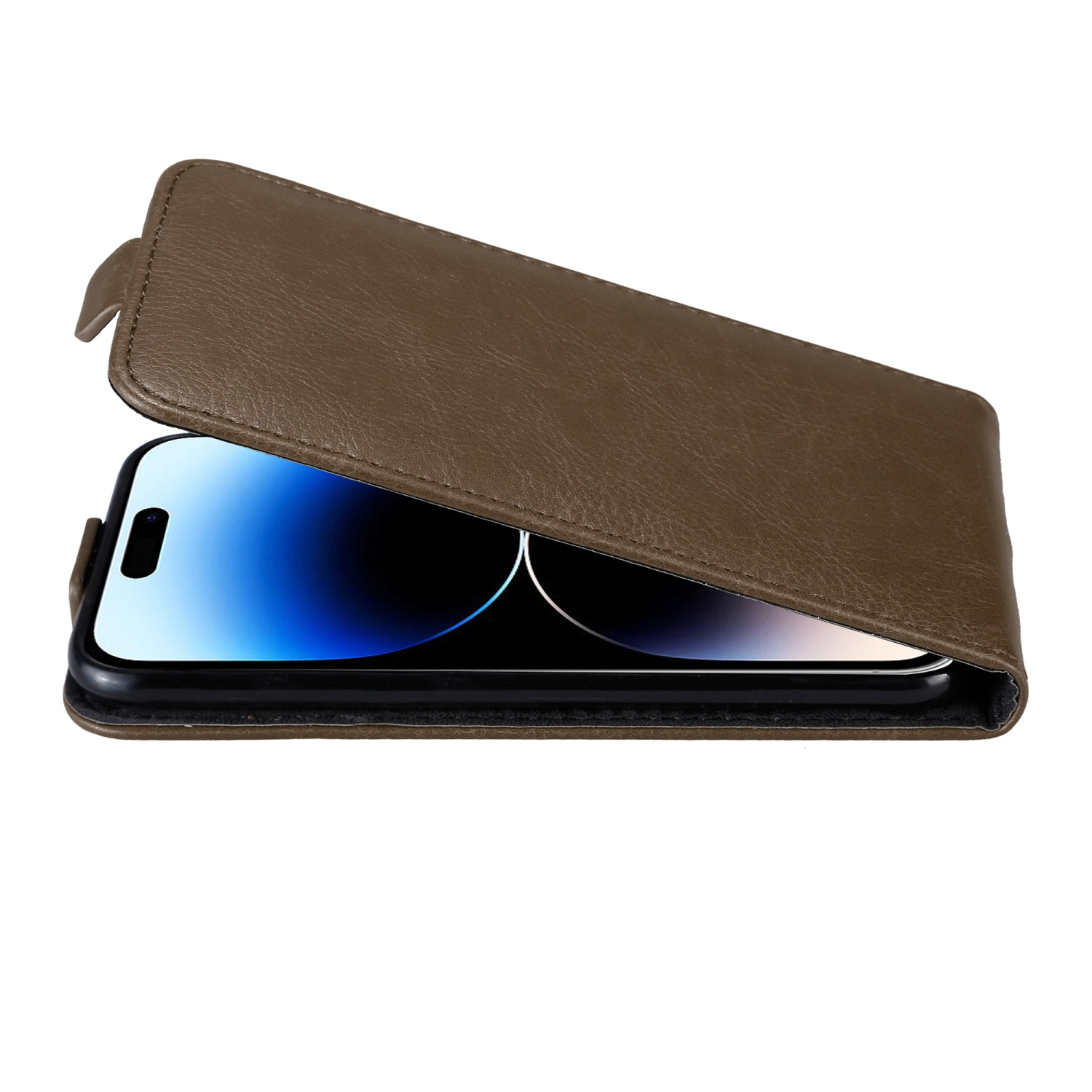 Braune Leder-Handyhülle, offen, hält ein Telefon. Der Telefonbildschirm ist sichtbar.