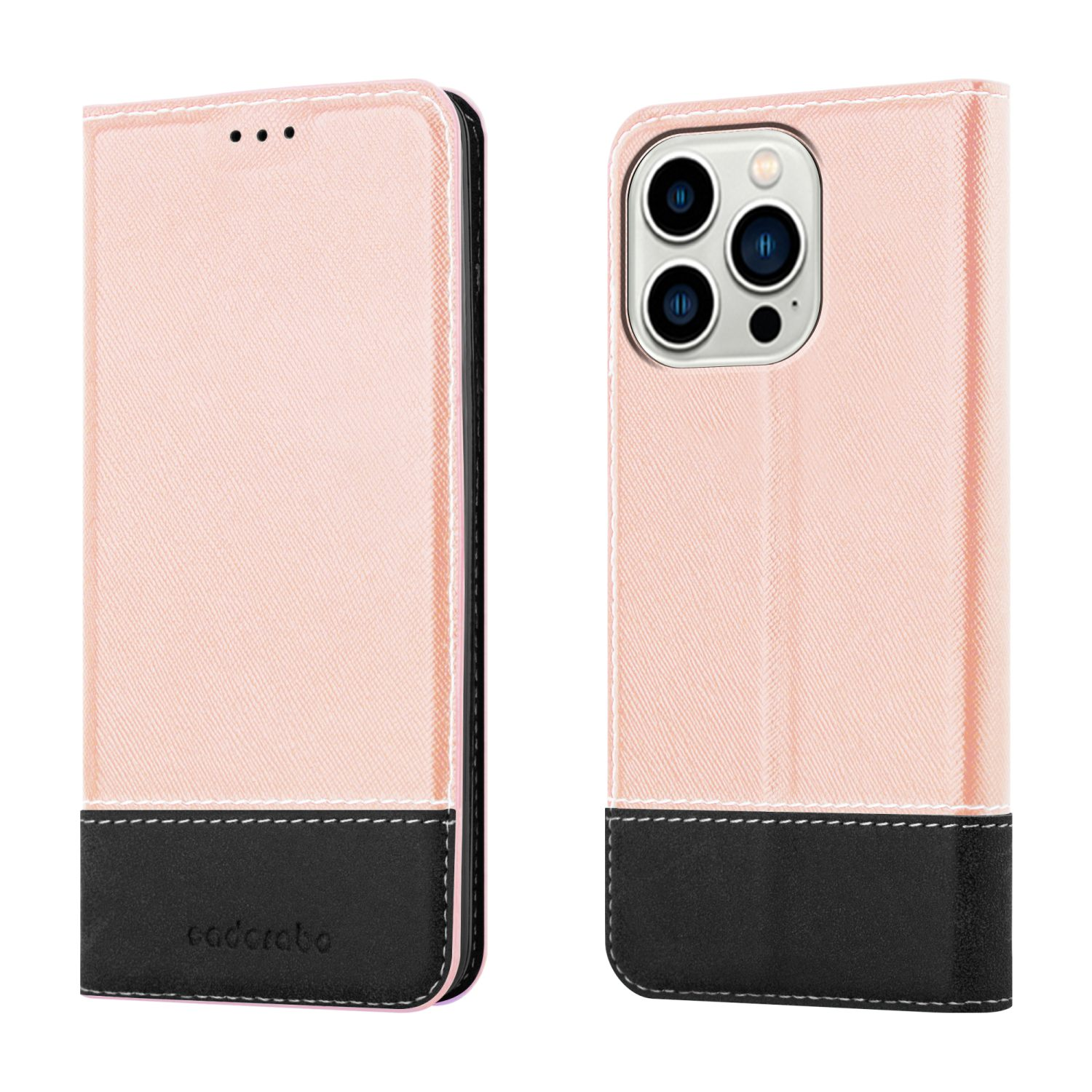 Pinkfarbene und schwarze Handyhülle, geschlossen und geöffnet, um ein Telefon zu zeigen.