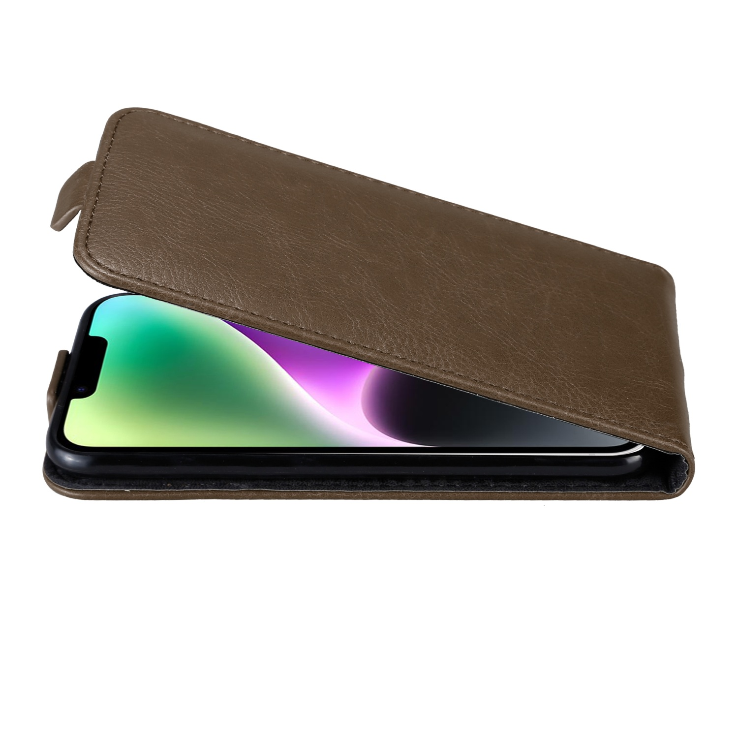 Braune Leder-Handyhülle, offen, zeigt ein Telefon mit farbenfrohem Bildschirm.