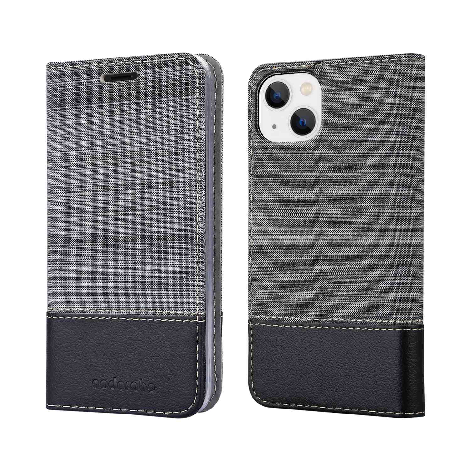 Graue und schwarze Handyhülle, die ein Telefon zeigt, isoliert auf weißem Hintergrund.