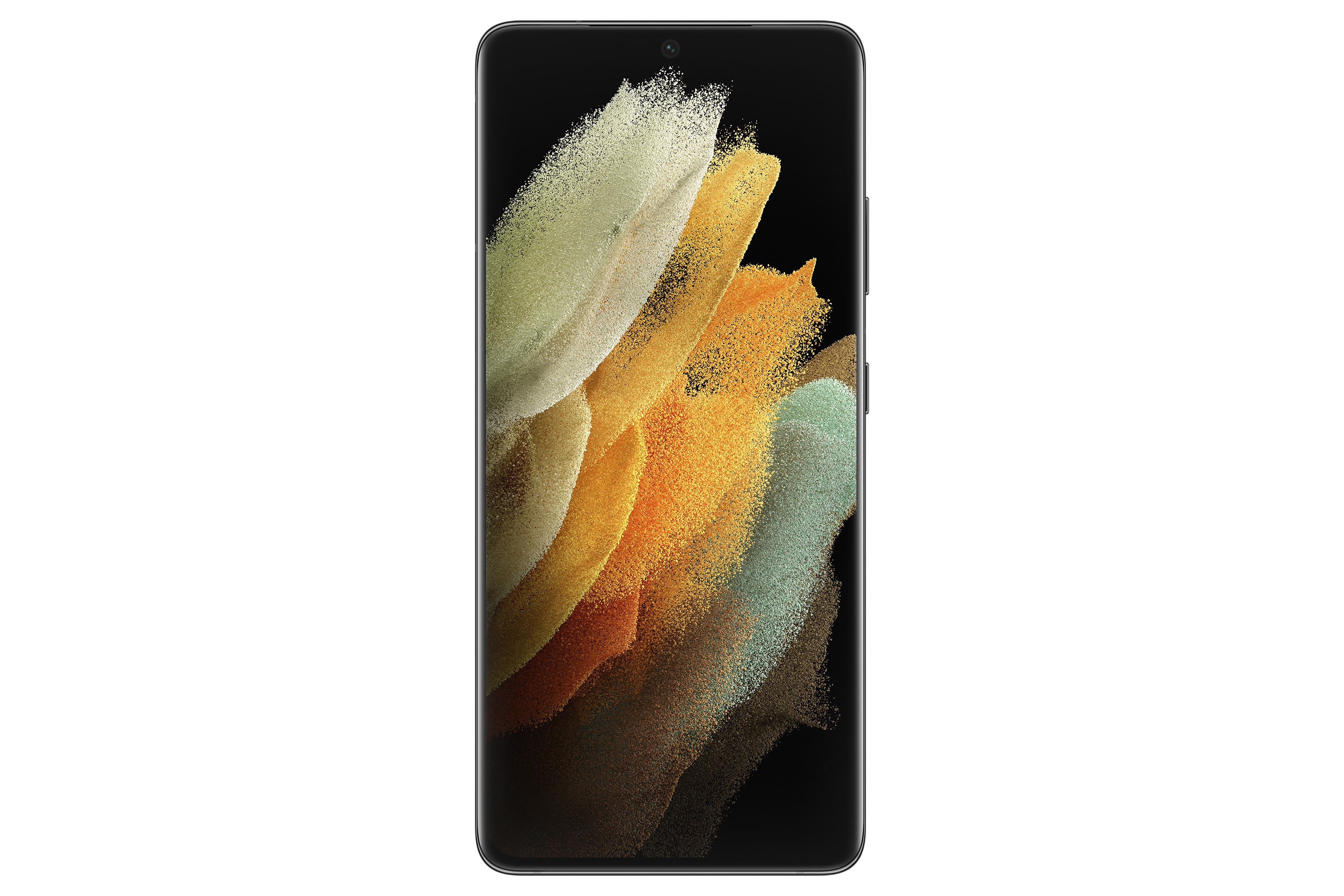 Schwarzes Smartphone mit einem Bildschirm, der abstrakte, farbenfrohe Formen zeigt.