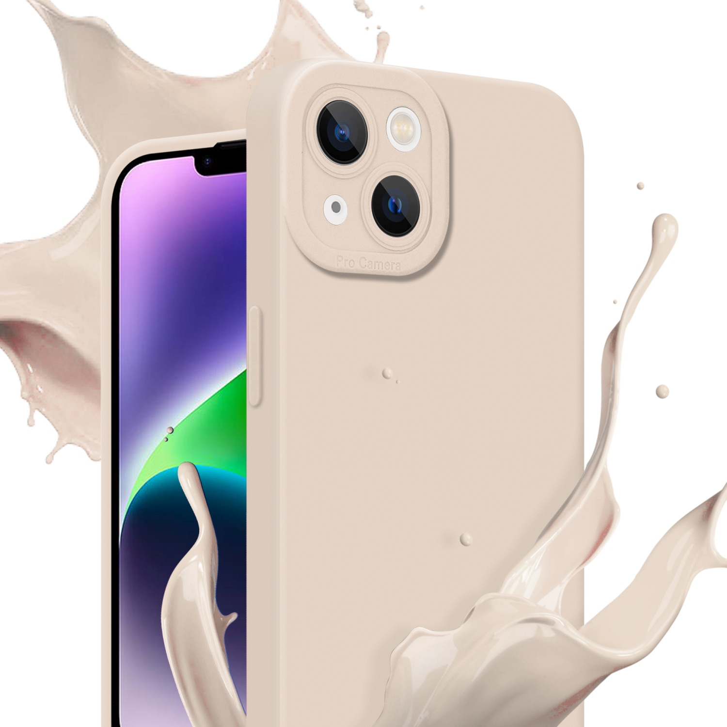 Une coque de téléphone avec un téléphone et une éclaboussure de liquide.