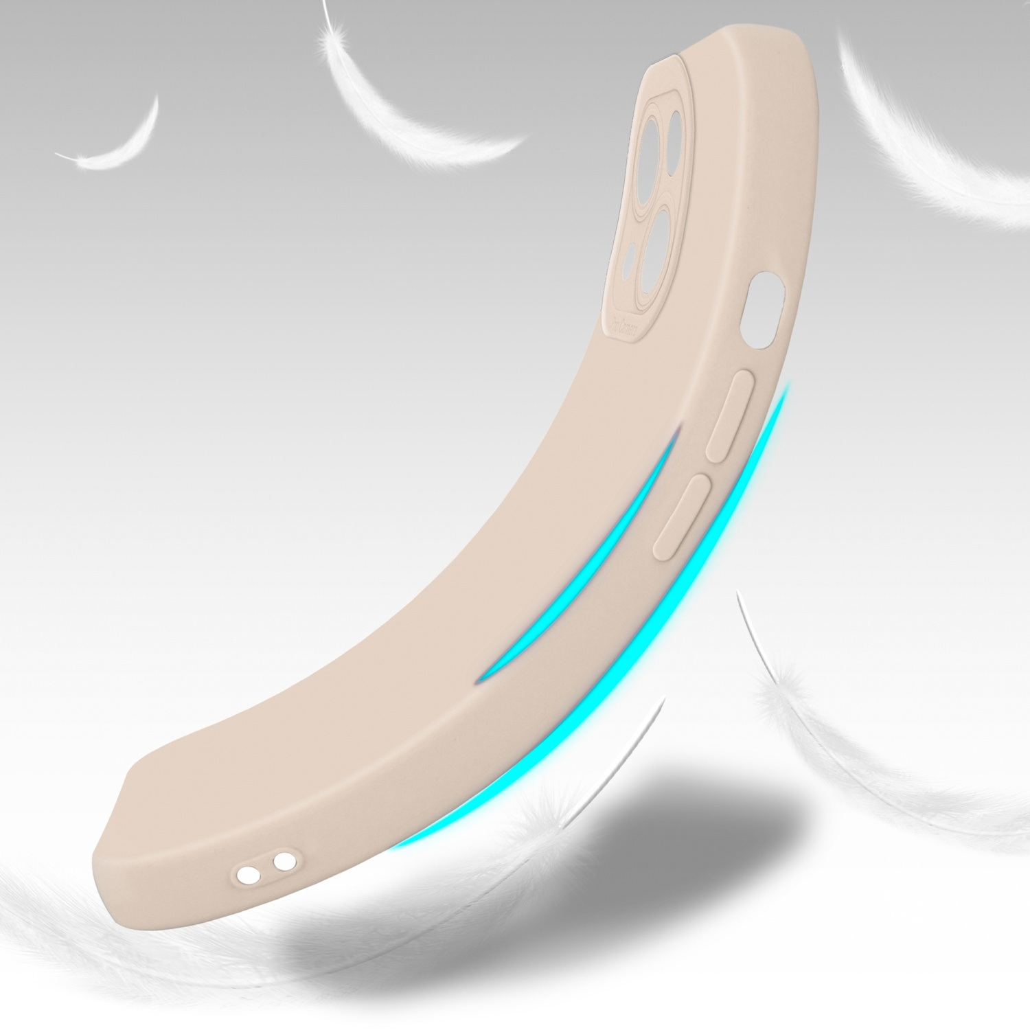 Coque de téléphone beige avec un design incurvé et quelques plumes blanches flottant derrière.