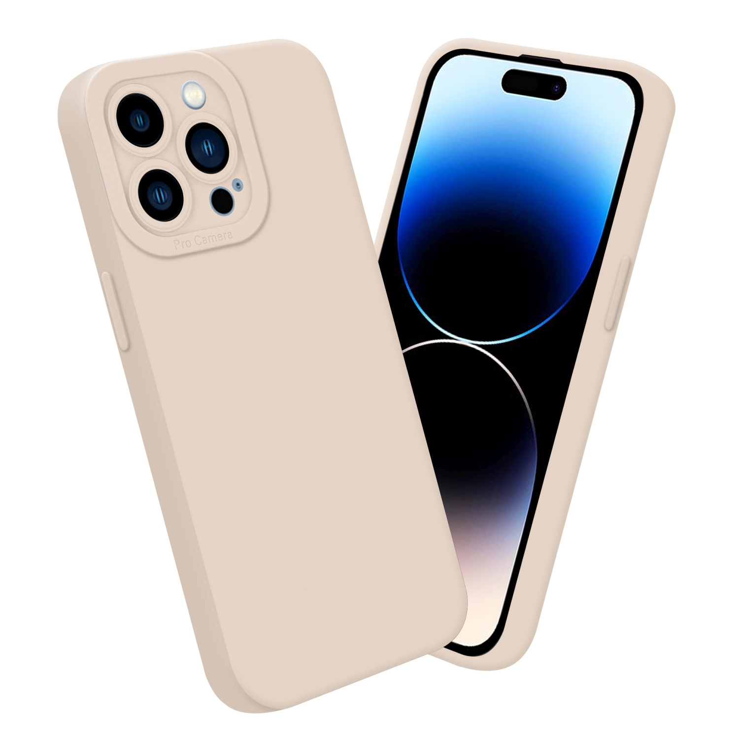 Due custodie per telefono beige. Una è sul retro del telefono e l'altra separata.