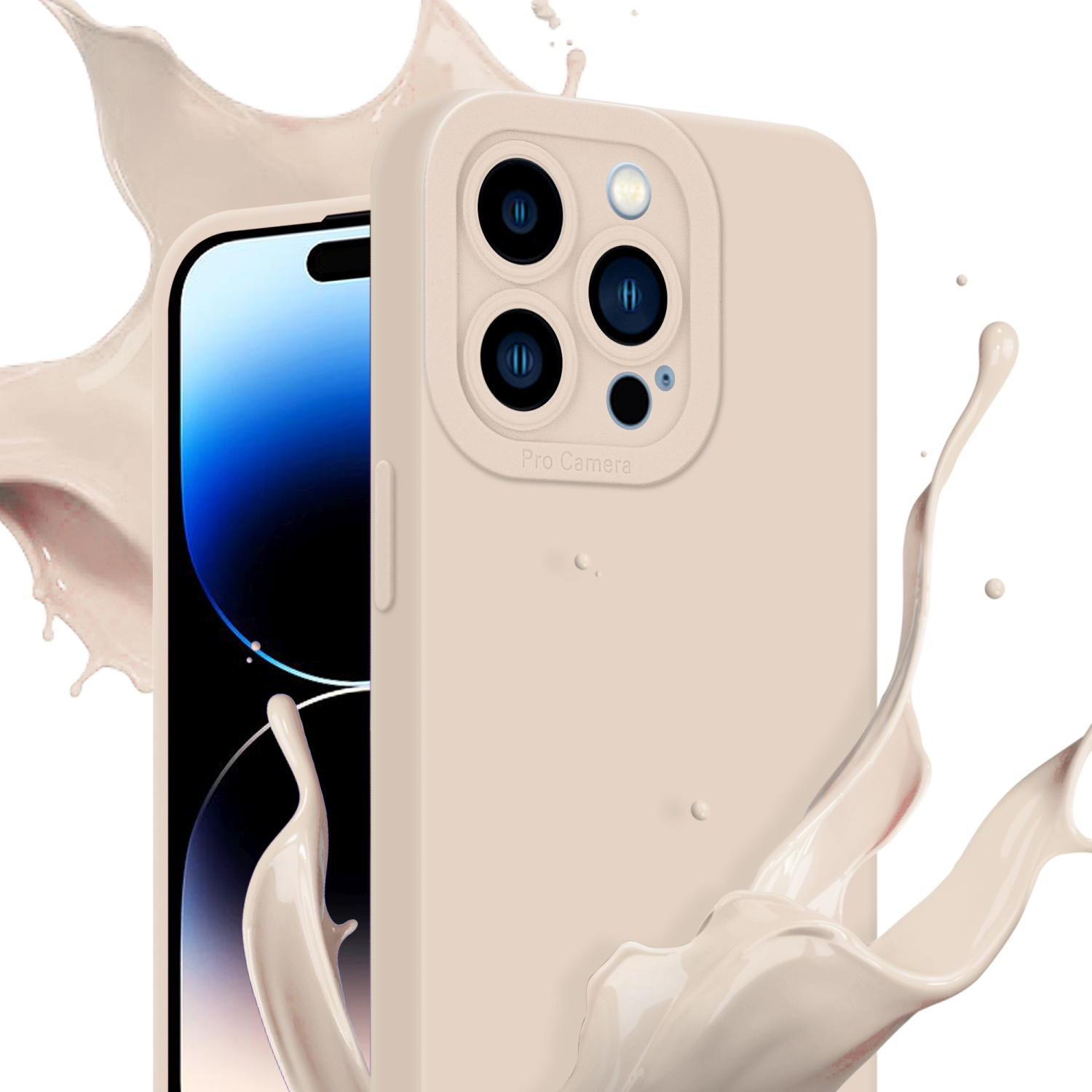 Telefono in custodia beige con schizzo di liquido. Il telefono ha tre fotocamere.