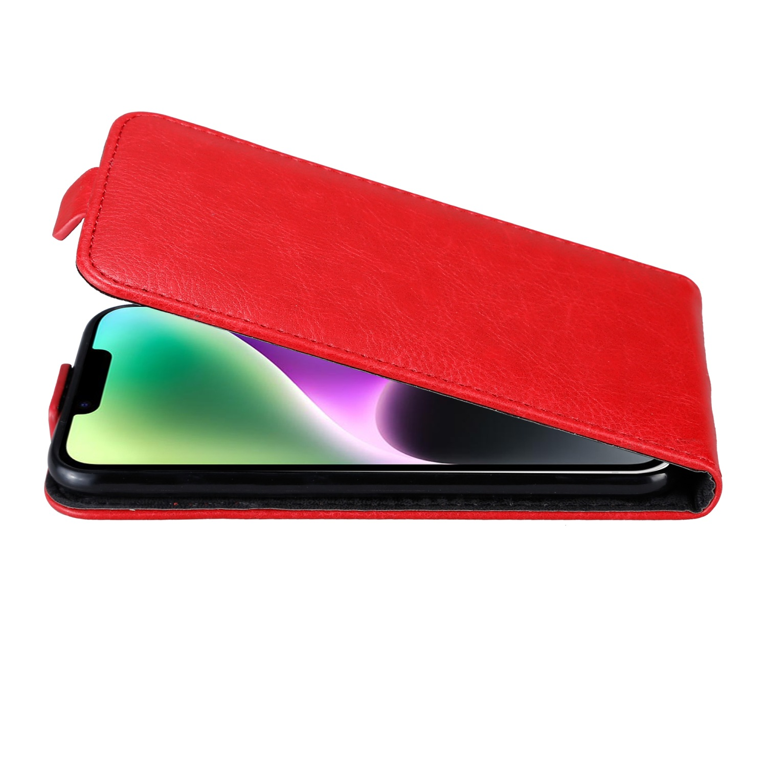 Rote Handyhülle mit einem Telefon darin. Der Telefonbildschirm ist durch die offene Hülle sichtbar.