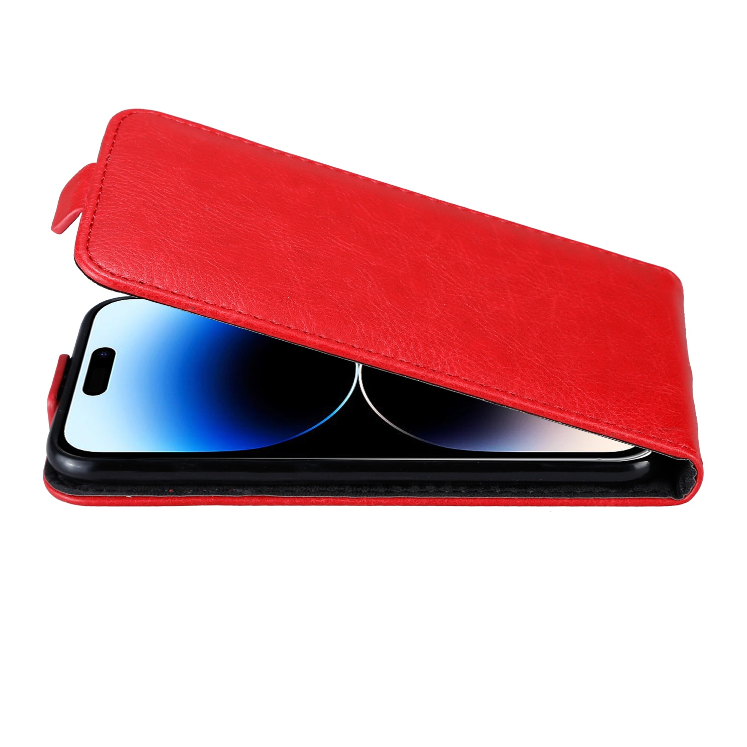 Rote Handyhülle mit einem Telefon darin. Der Telefonbildschirm ist durch die offene Hülle sichtbar.