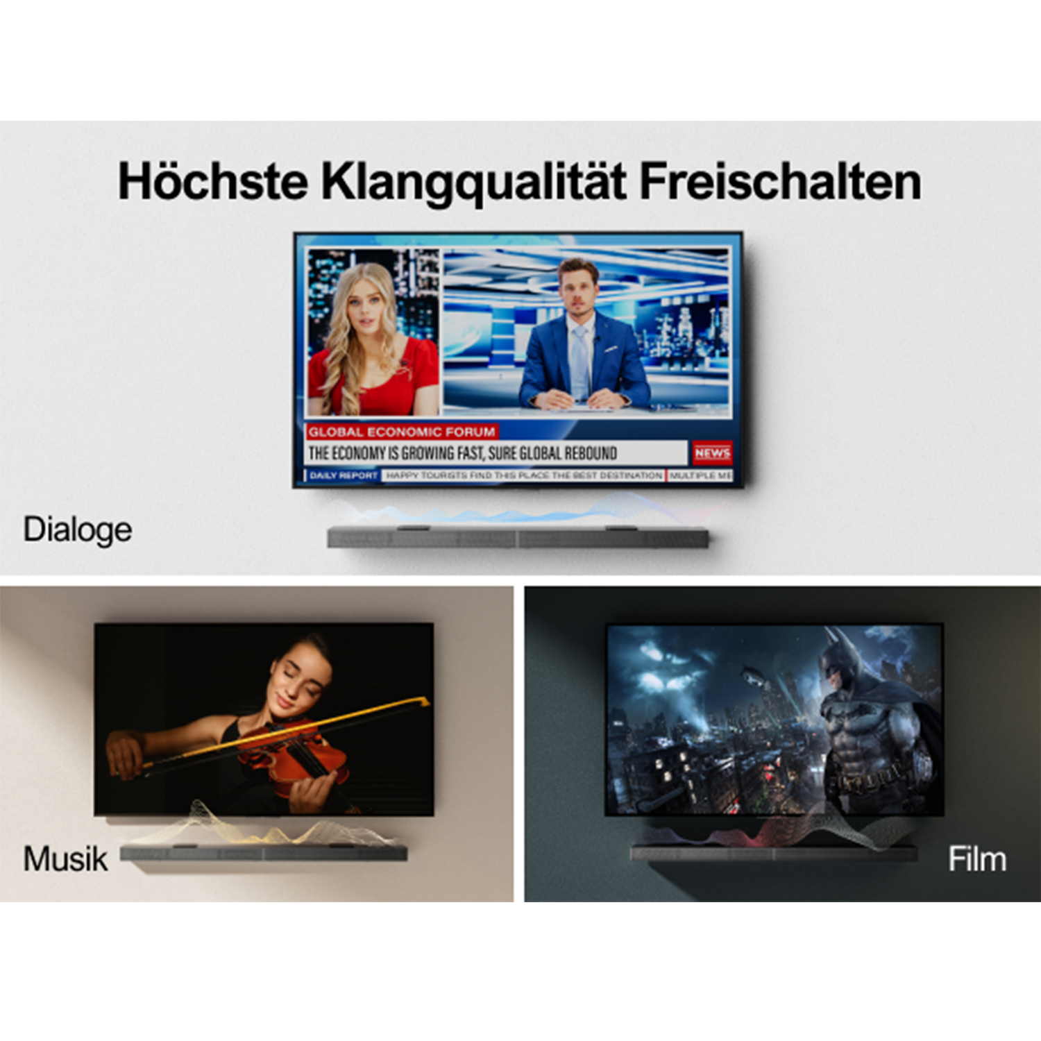 Fernseher mit Nachrichten, Musik und Filmszenen. Graue Soundbar unten.
