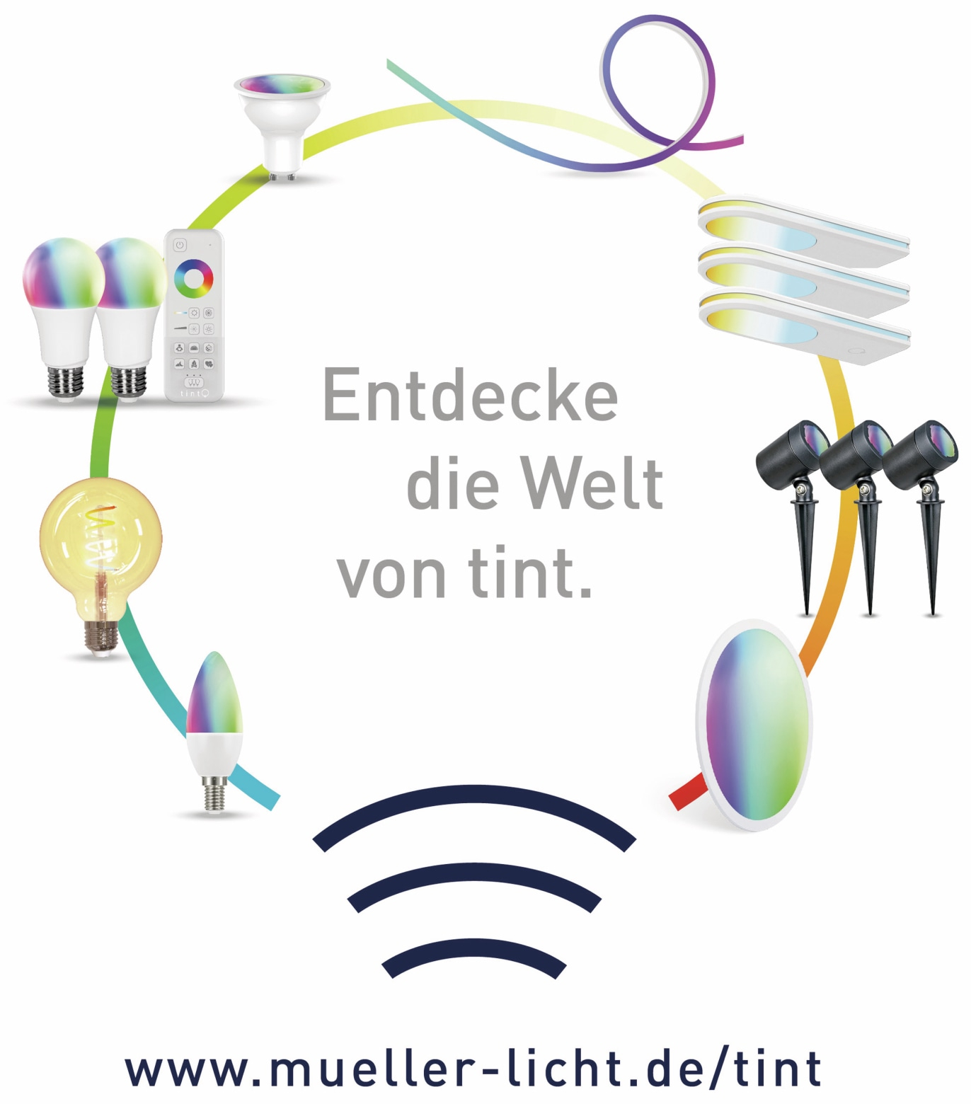 Bild mit verschiedenen Glühbirnen, Fernbedienung und Text, www.mueller-licht.de/tint.
