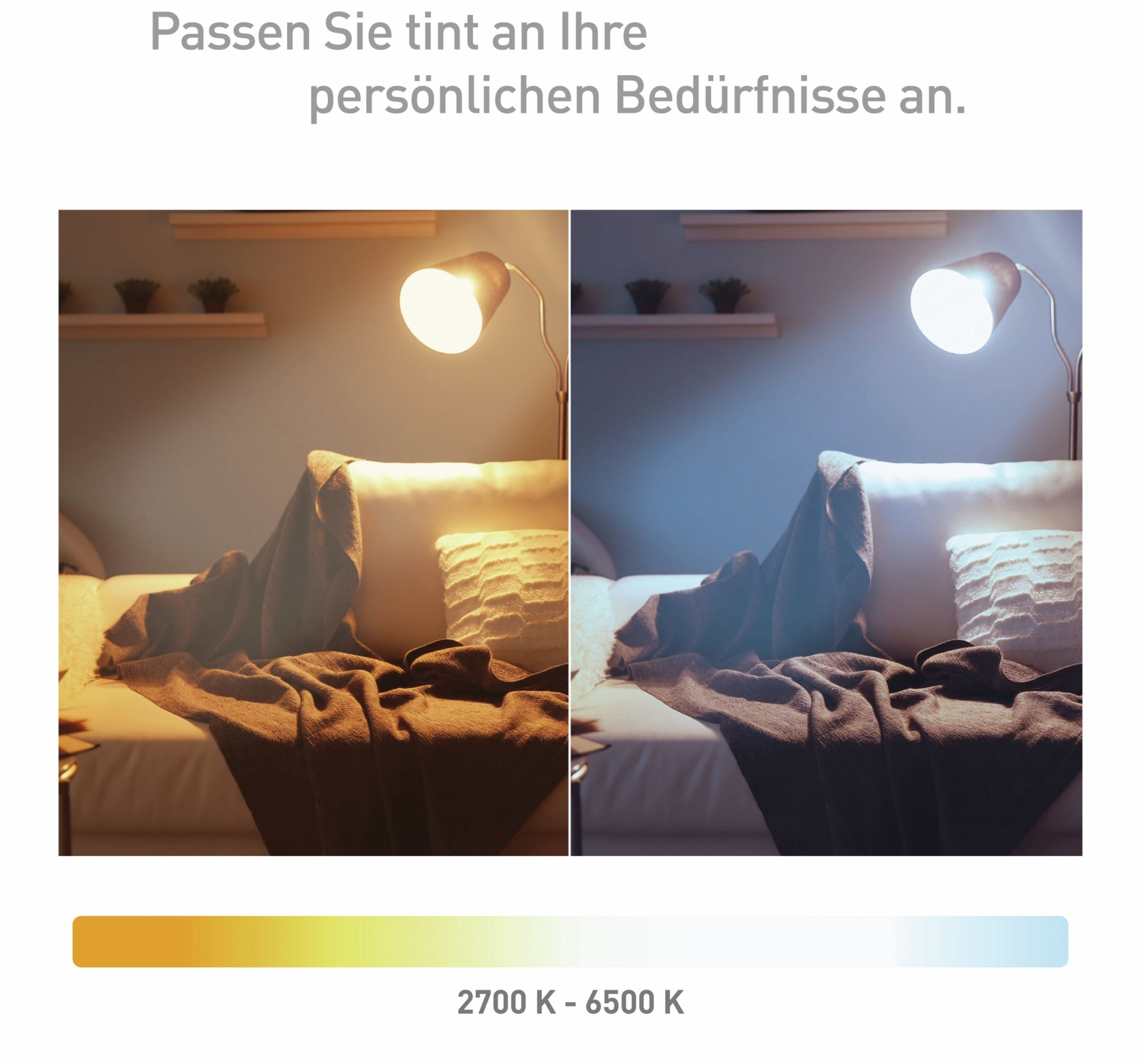 Zimmer mit verstellbarer Lampe, zwei Szenen mit unterschiedlichen Lichttemperaturen.